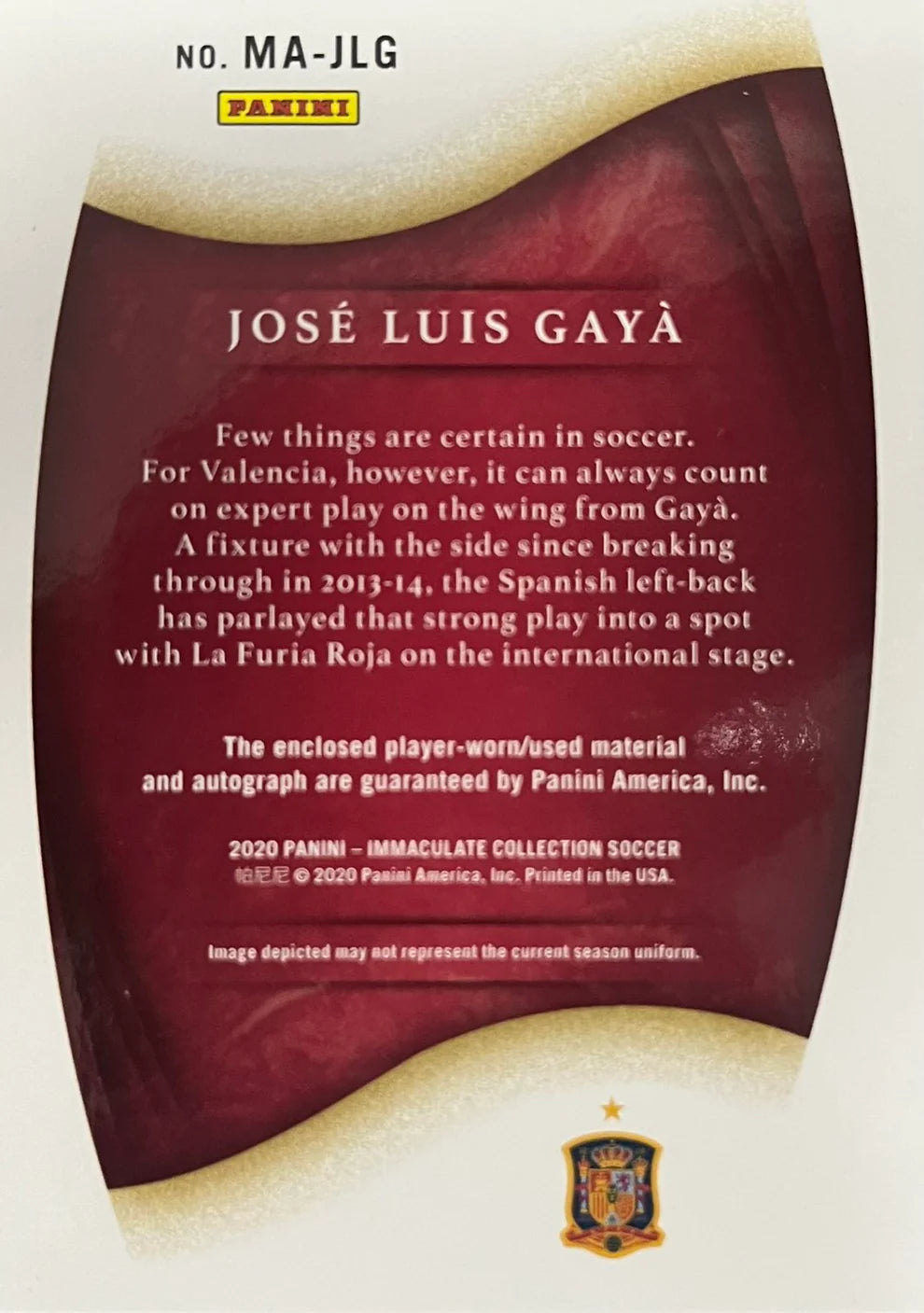 Jose Luis Gaya Player-Worn Patch Autograph Numbered /99 Immaculate