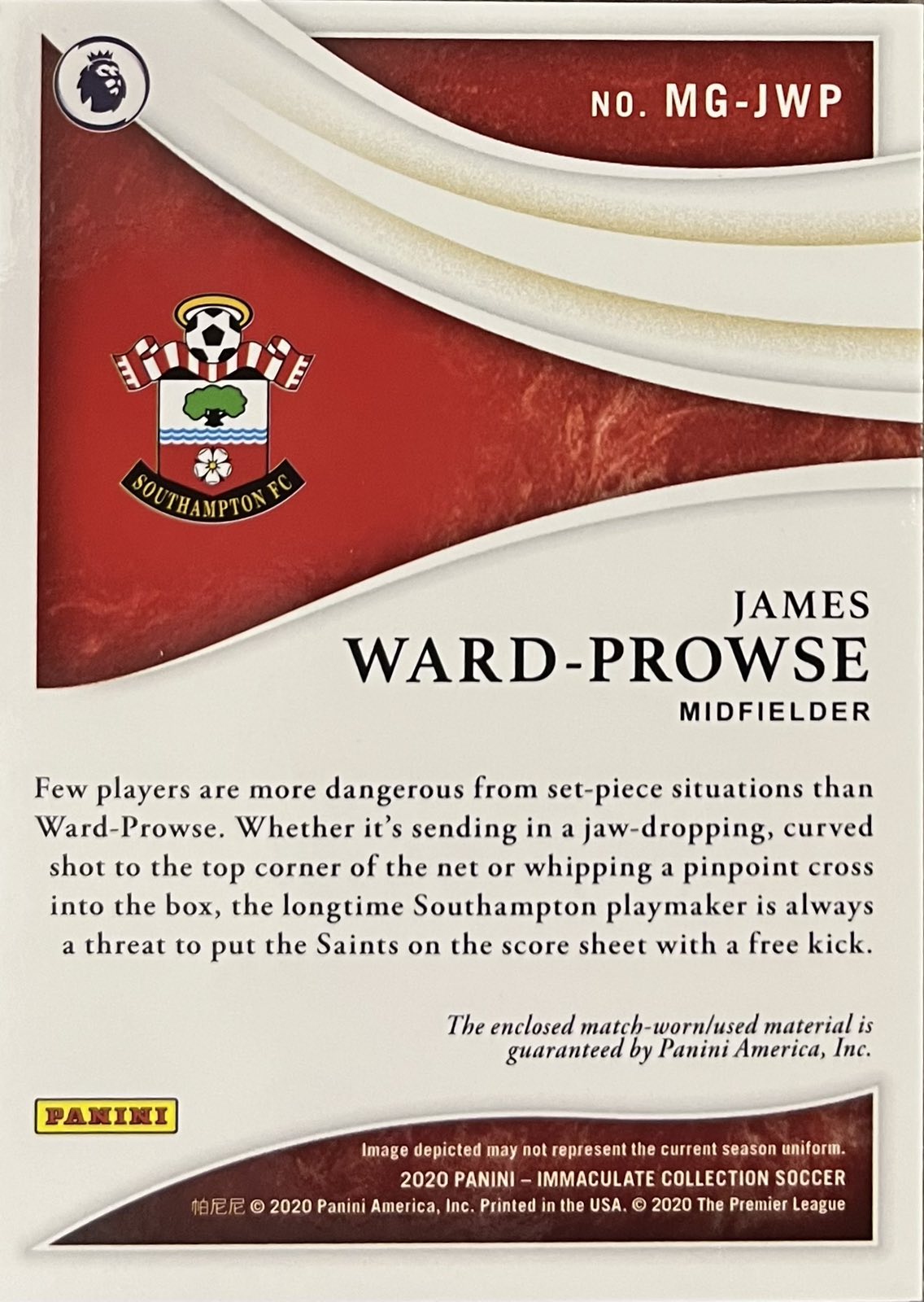 James Ward-Prowse Match-Worn Patch Numbered /50 Immaculate Collection
