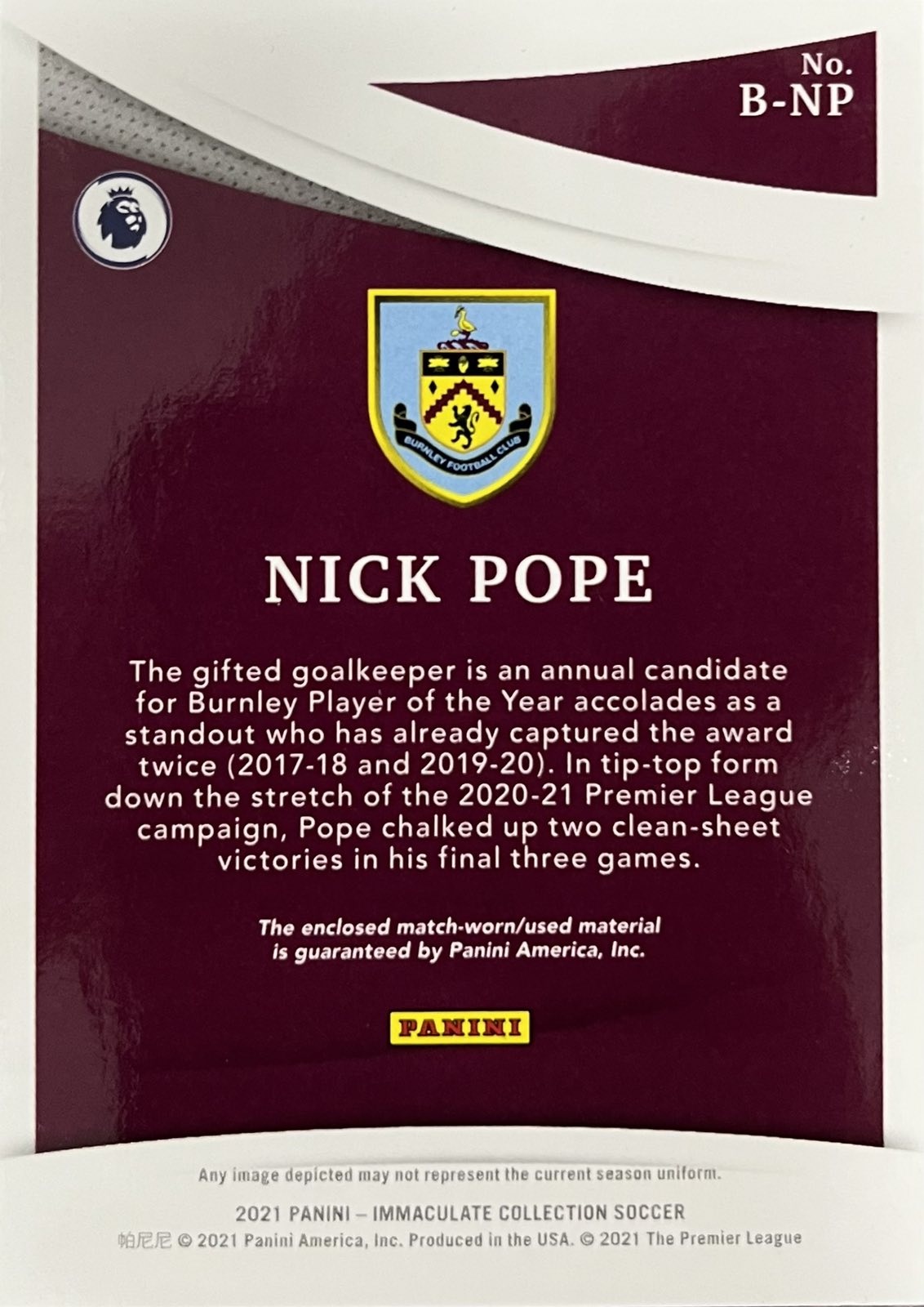 Nick Pope Match-Worn Patch Numbered /49 Panini Immaculate