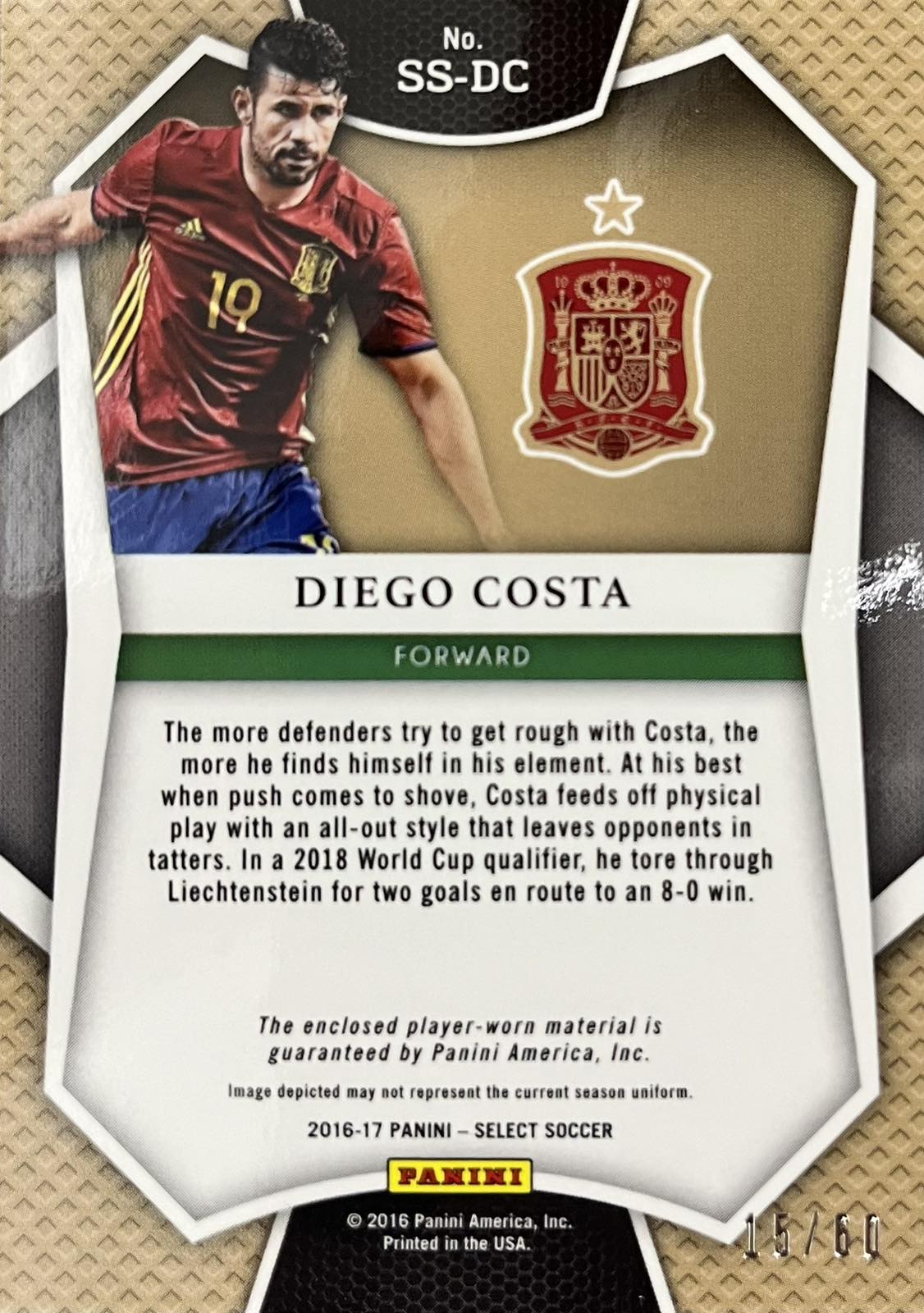 Diego Costa Player-Worn Patch Numbered /60 Select 2016-17