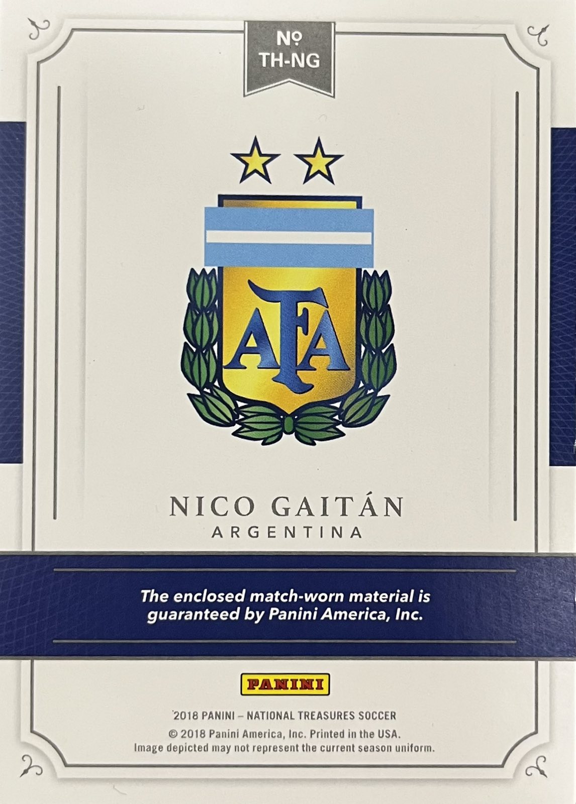 Nico Gaitan Match-Worn Patch Numbered /99 National Treasures