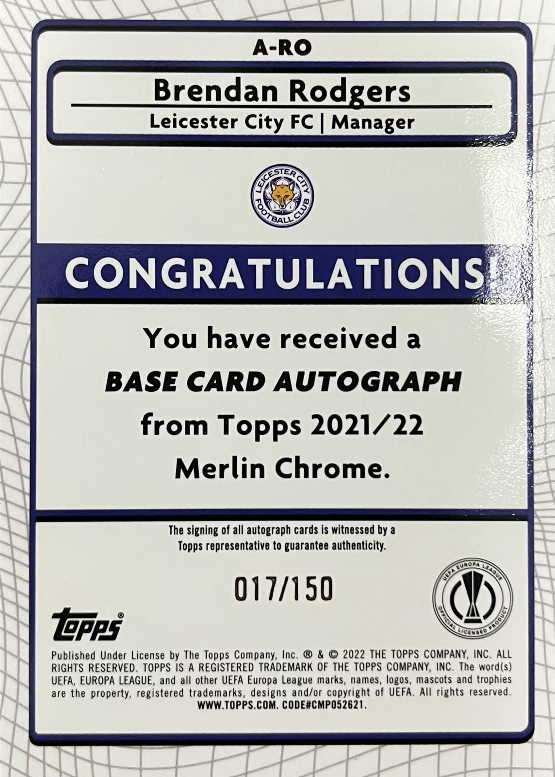 Brendan Rodgers Autograph Numbered /150 Merlin