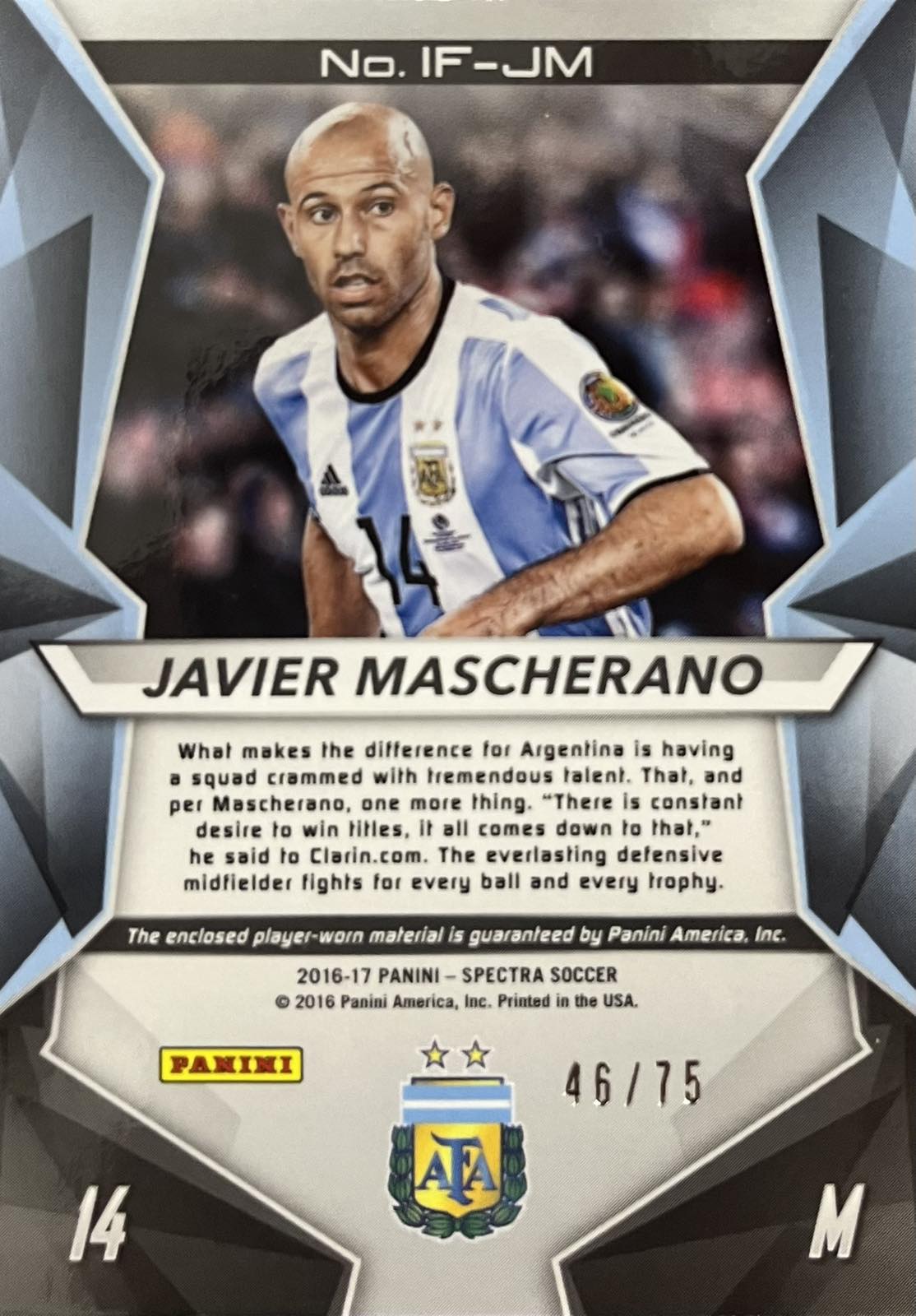 Javier Mascherano Player-Worn Patch Numbered /75 Panini Spectra
