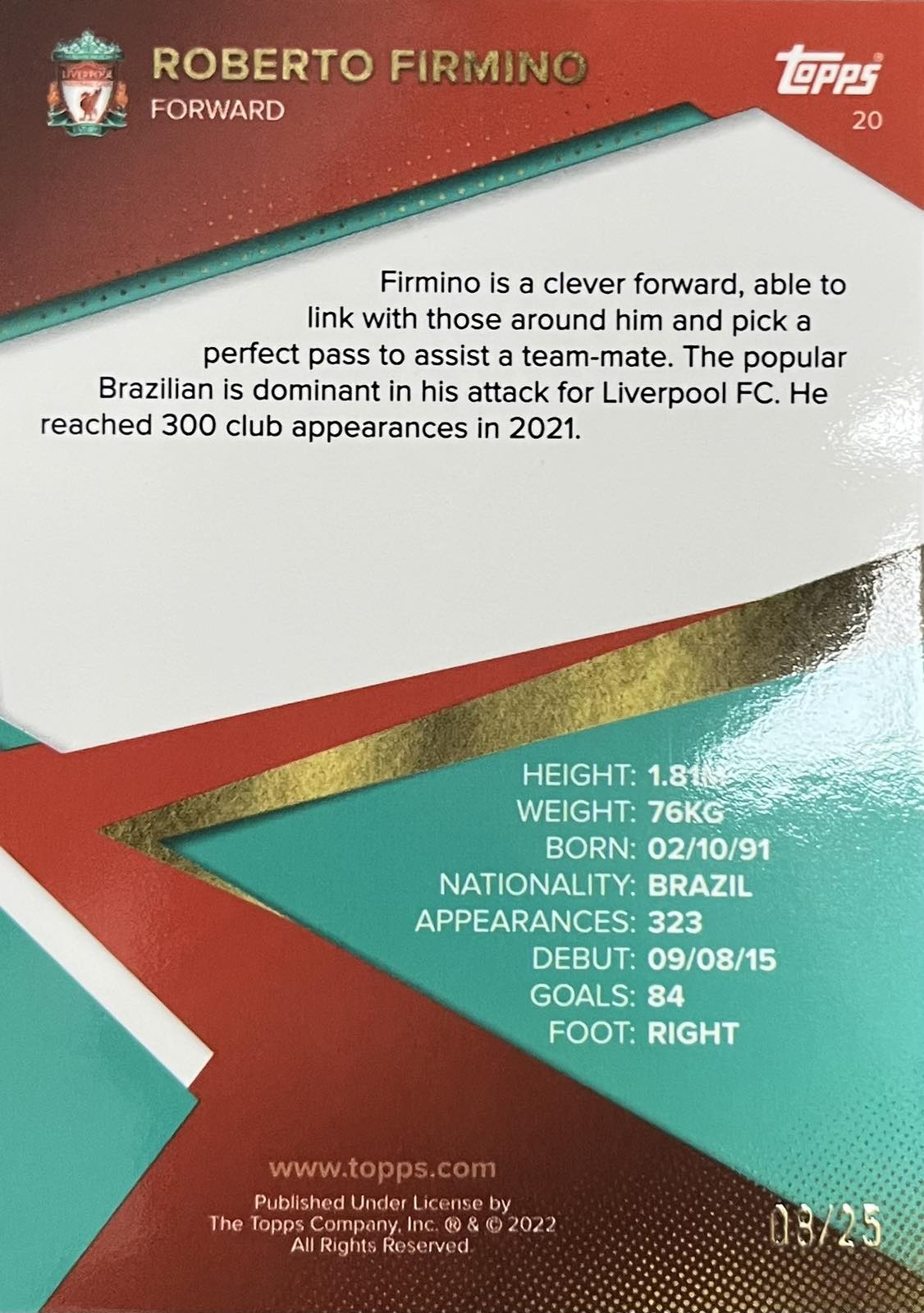Roberto Firmino Numbered /25 Topps Liverpool Team Set