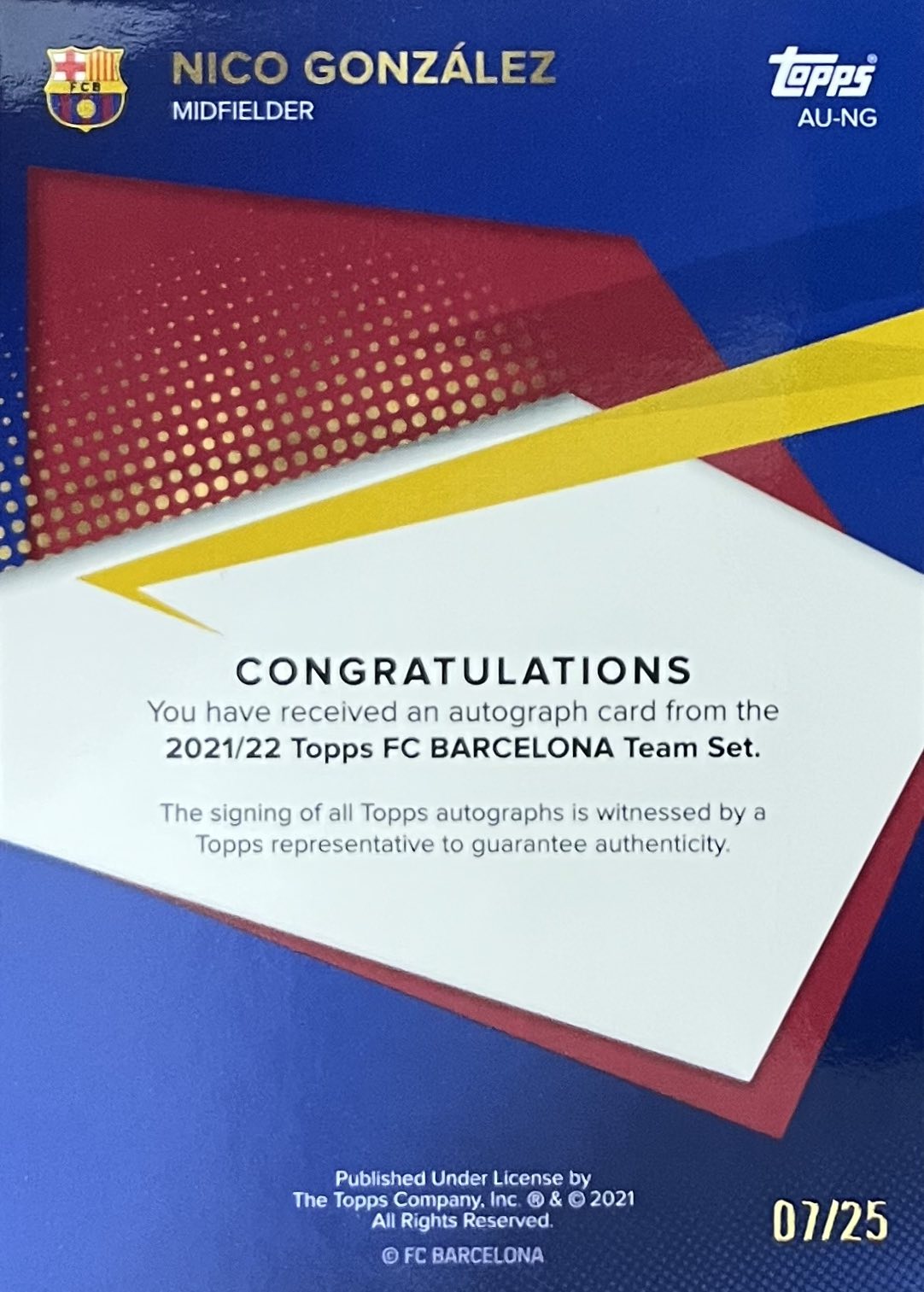 Nico Gonzalez Rookie Autograph Numbered /25 Topps Barcelona Team Set