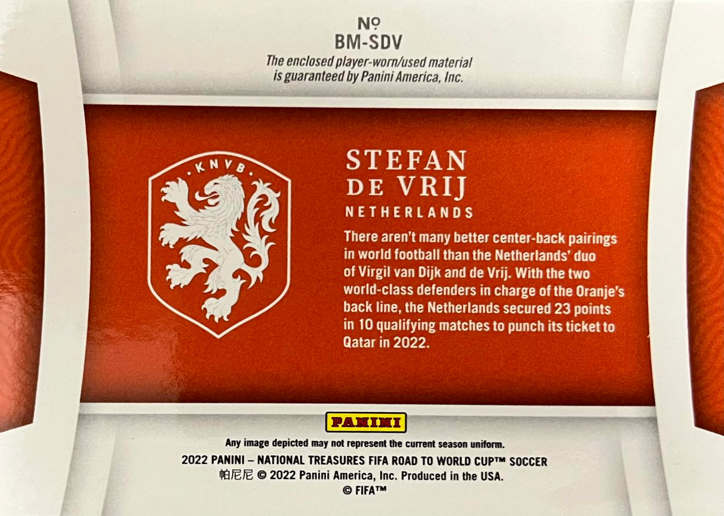 Stefan De Vrij Player-Worn Patch Numbered /99 National Treasures