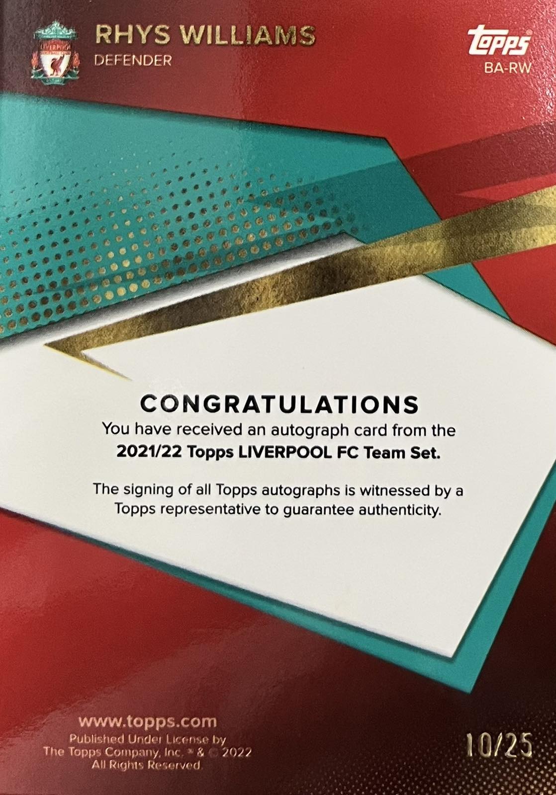 Rhys Williams Autograph Numbered /25 Topps Liverpool Team Set