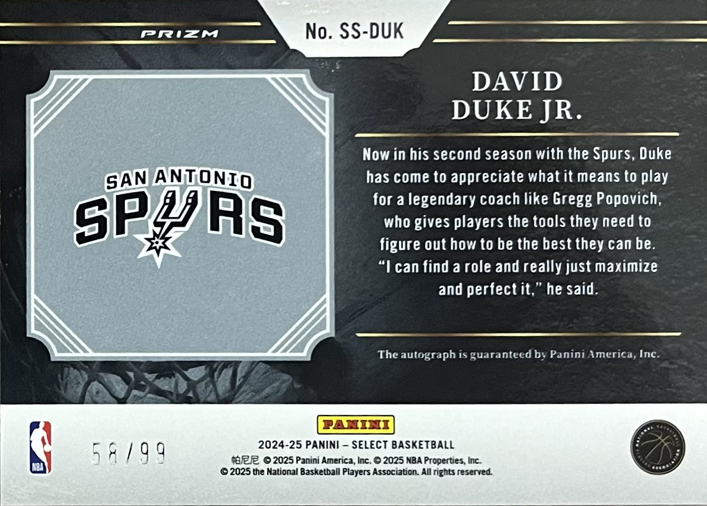 David Duke Jr. Autograph Numbered /99 Select 2024-25