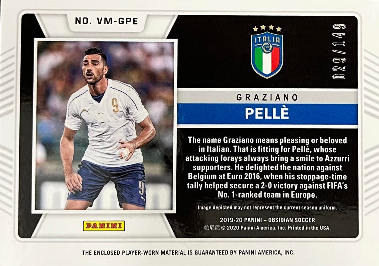 Graziano Pelle Player-Worn Patch Numbered /149 Obsidian Volcanic Material