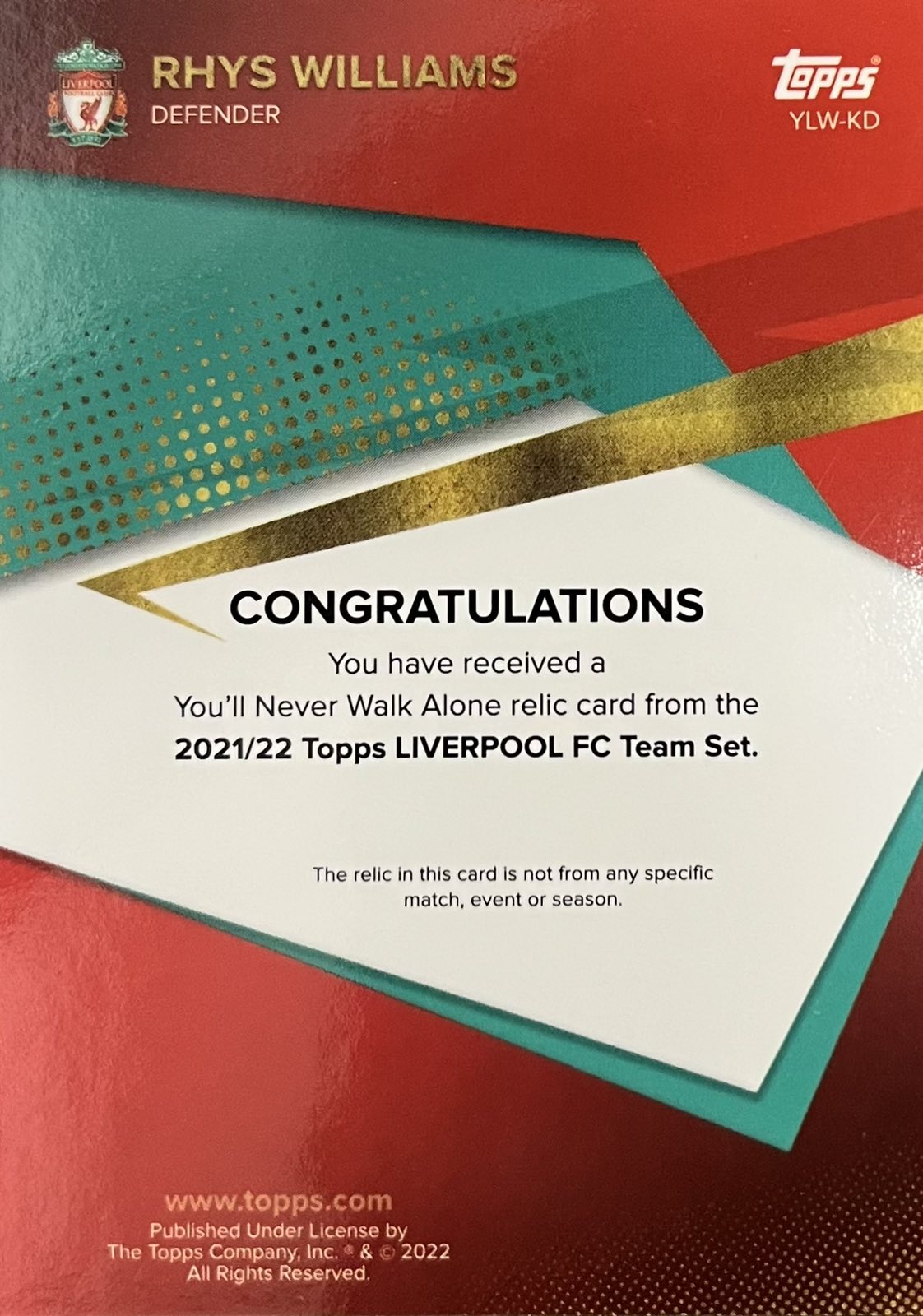 Rhys Williams Match-Worn Patch Liverpool Team Set