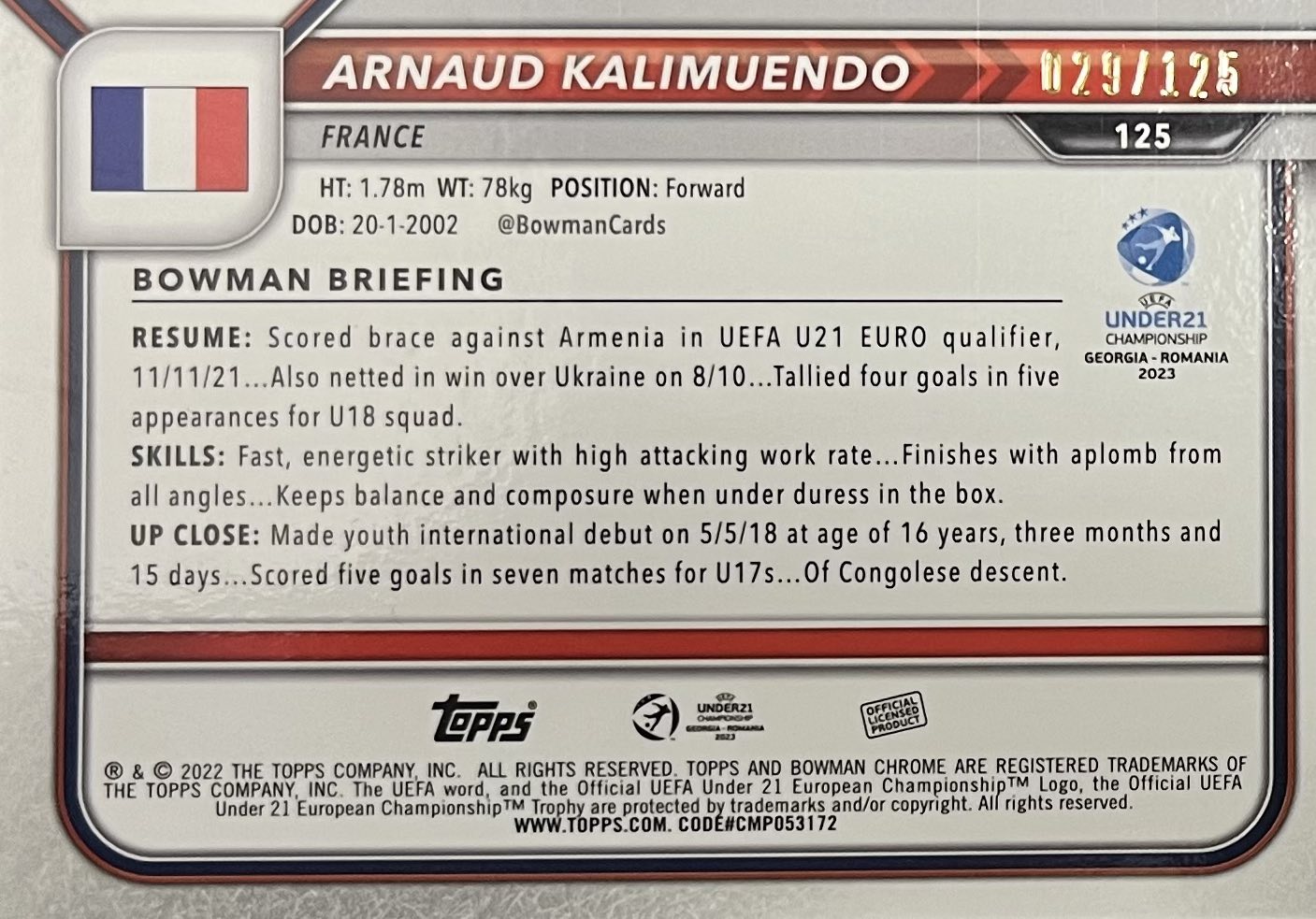 Arnaud Kalimuendo 1st Bowman Numbered /125 Rookie