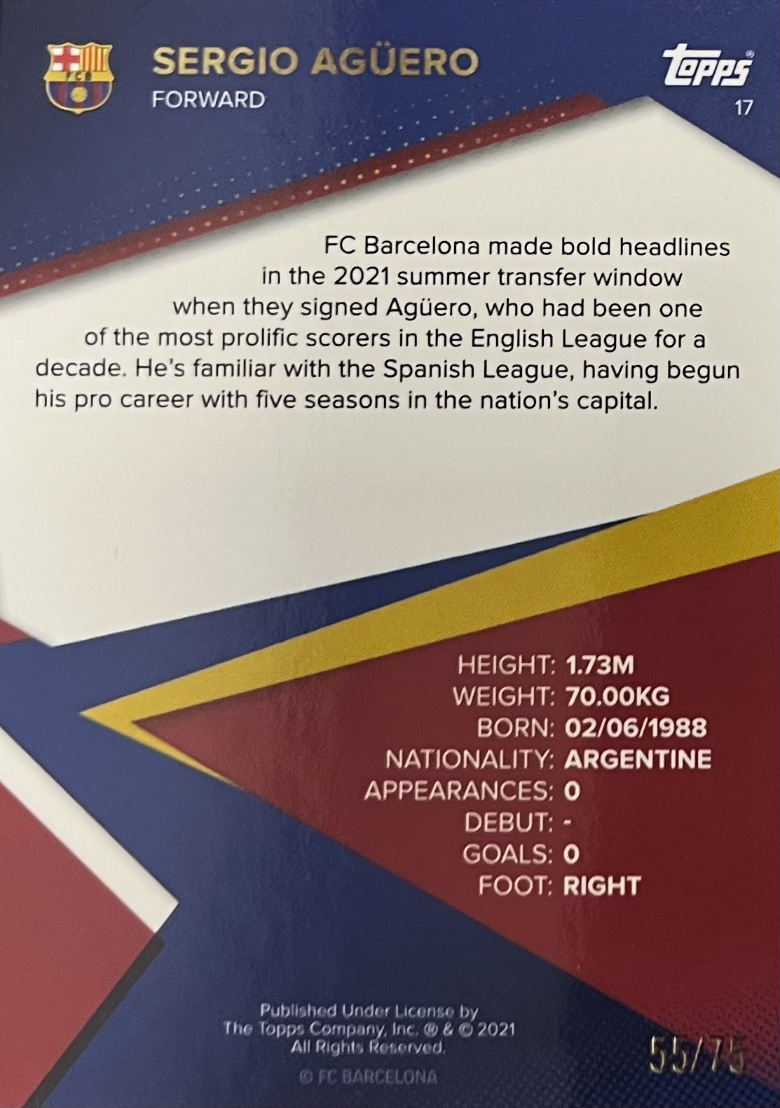 Sergio Aguero Numbered /75 Topps Barcelona Team Set