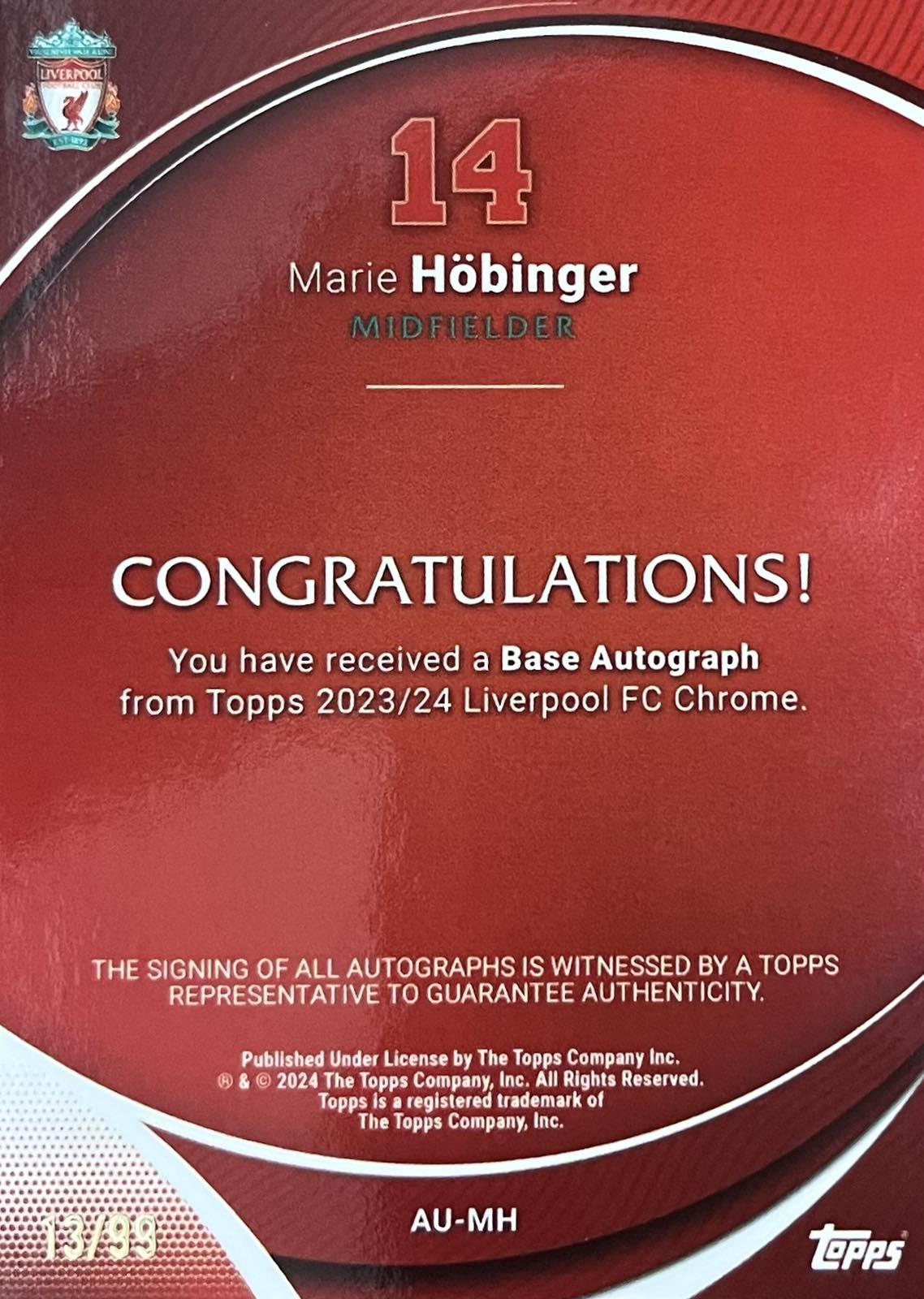 Marie Hobinger Autograph Numbered /99 Topps Chrome Liverpool