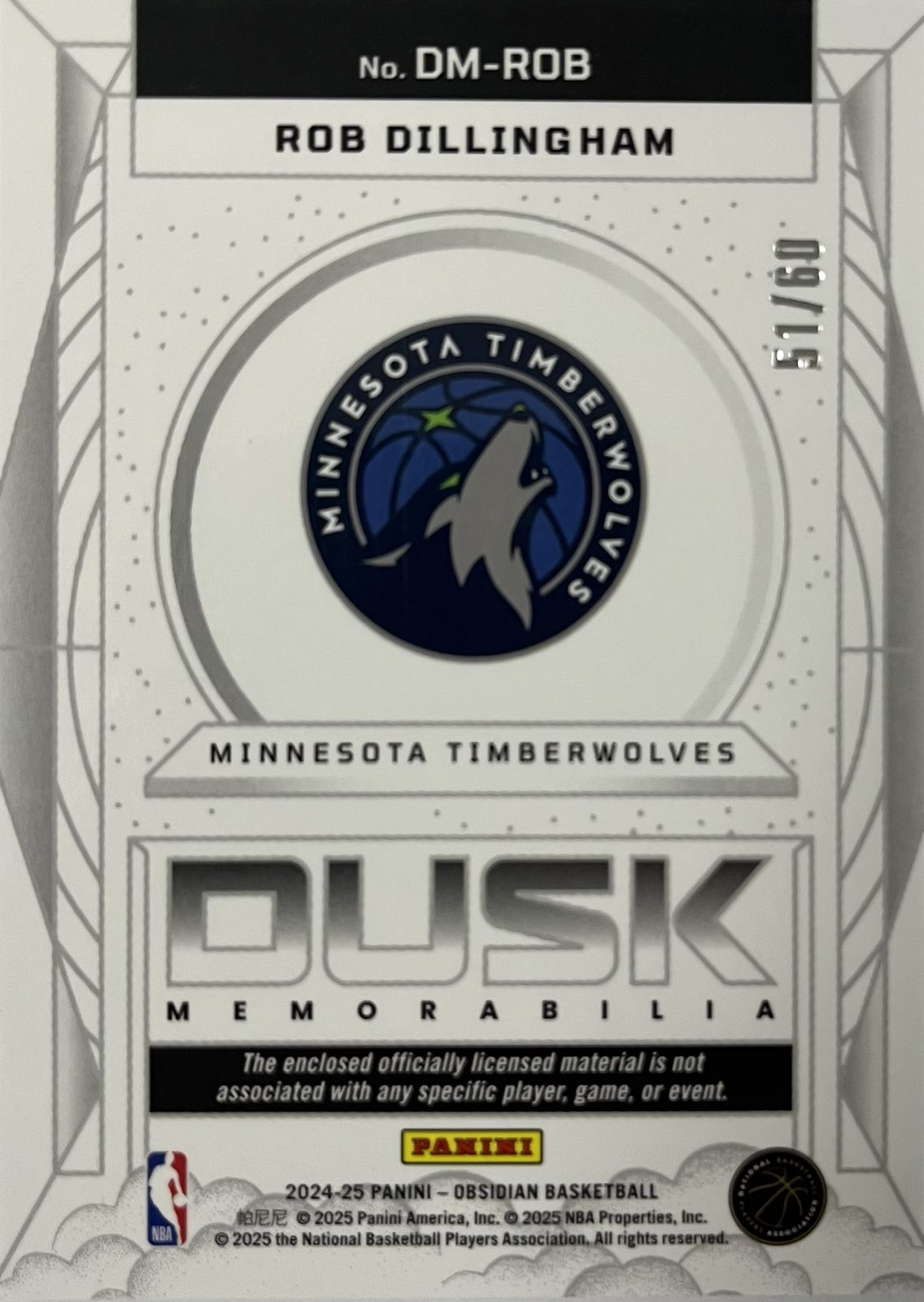 Rob Dillingham Rookie Patch Numbered /60 Dusk Obsidian