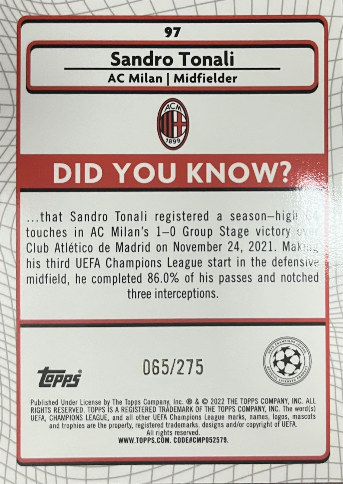 Sandro Tonali Numbered /275 Topps Merlin