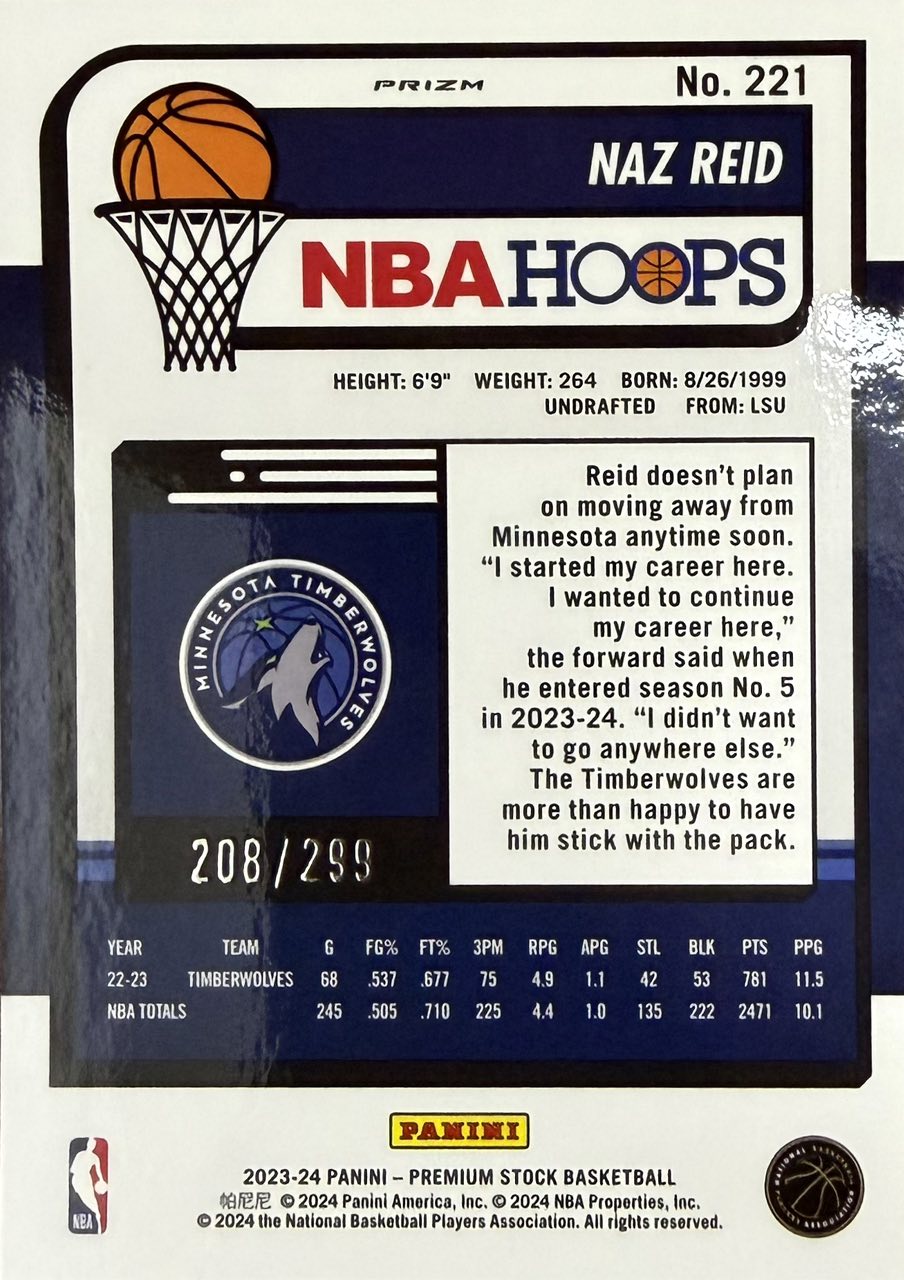 Naz Reid Orange Prizm Numbered /299 2023-24 Hoops Premium Stock #221