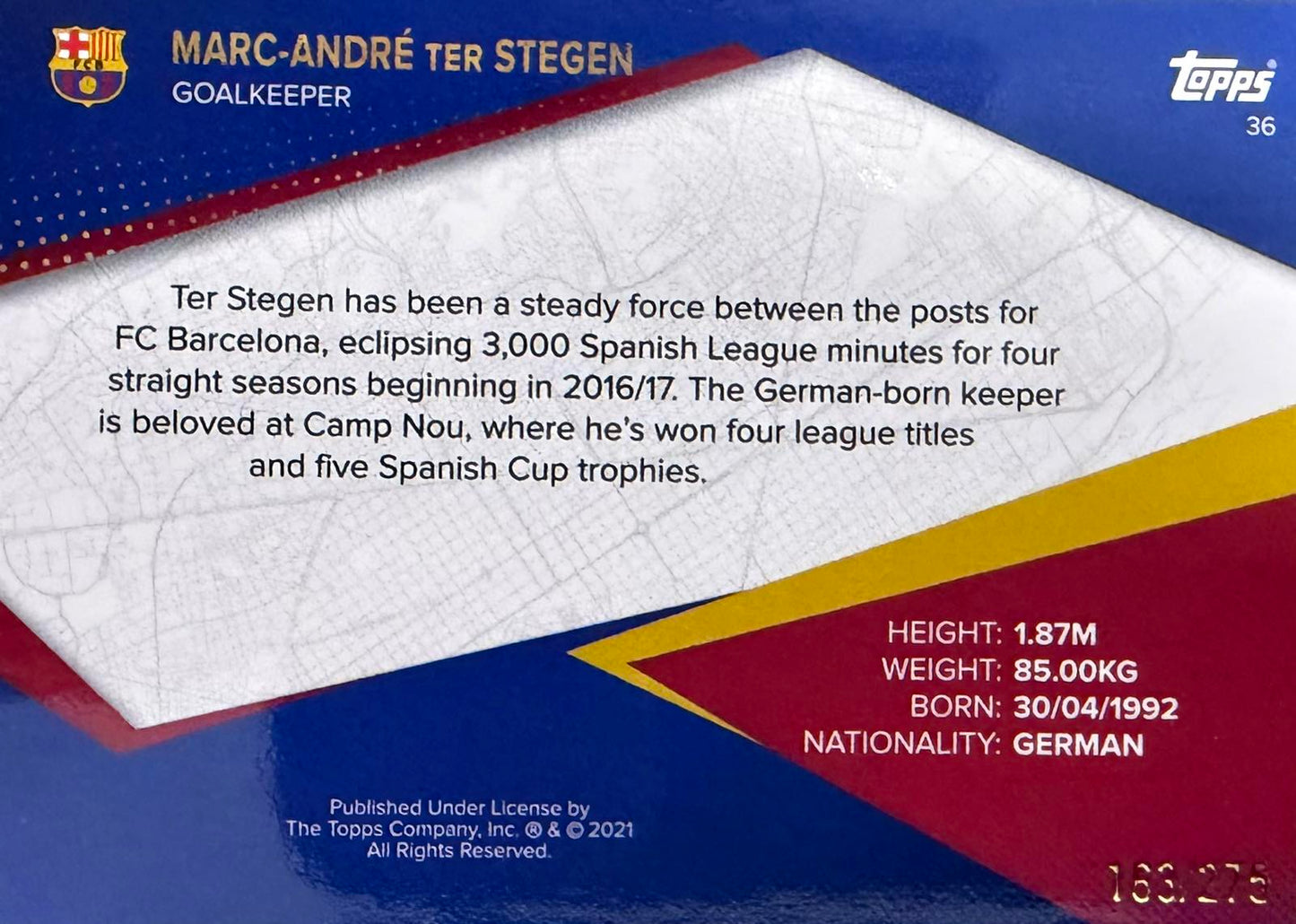 Marc-Andre Ter Stegen Numbered /275 Barcelona Team Set