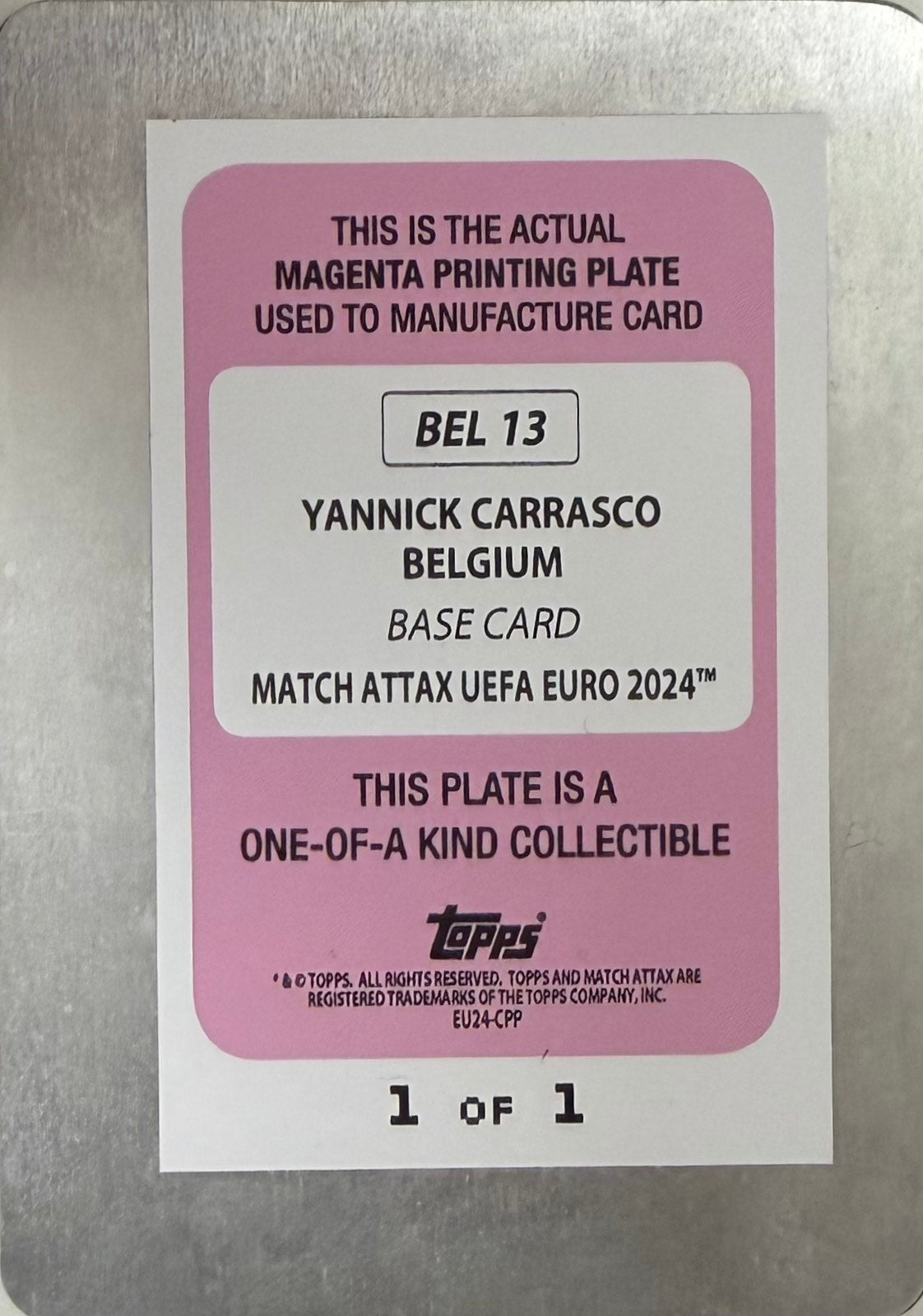 Yannick Carrasco 1/1 Magenta Printing Plate Match Attax UEFA Euro 2024