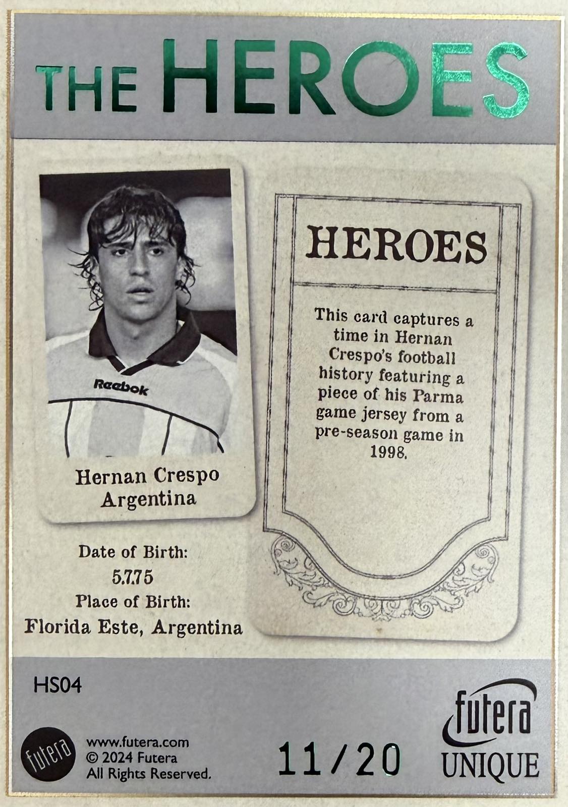 Hernan Crespo Game-Worn Patch Numbered /20 Futera Unique