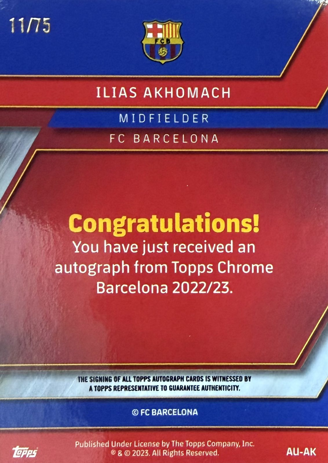 Ilias Akhomach Autograph Numbered /75 Topps Chrome Barcelona
