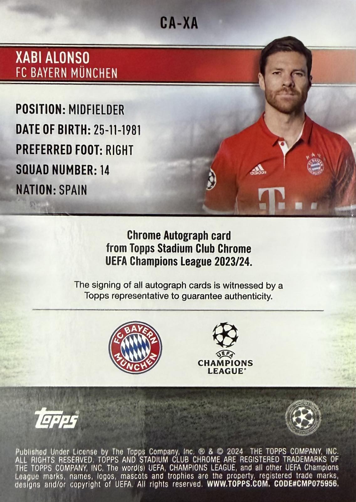 Xabi Alonso Autograph Numbered /75 Topps Stadium Club Chrome