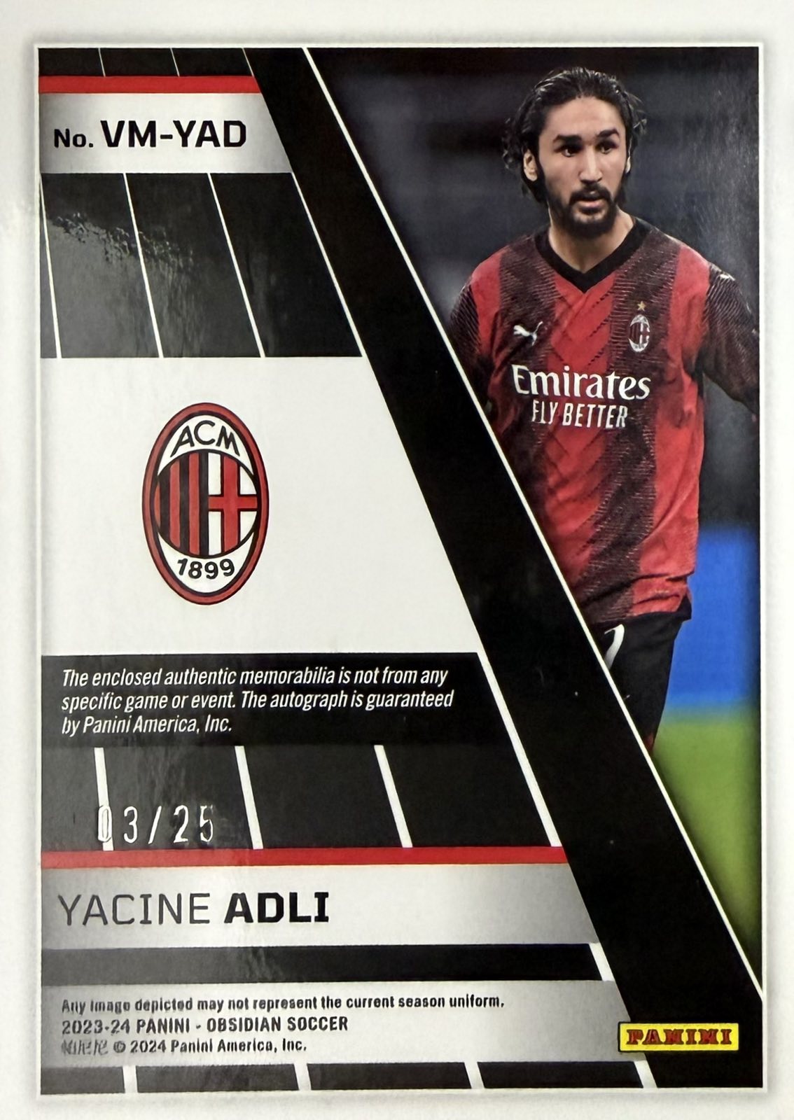 Yacine Adli Patch Autograph Numbered /25 Panini Obsidian
