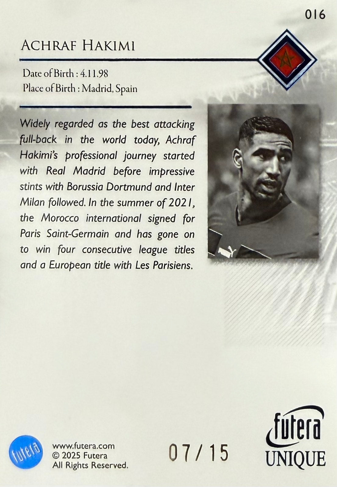 Achraf Hakimi Numbered /15 Futera