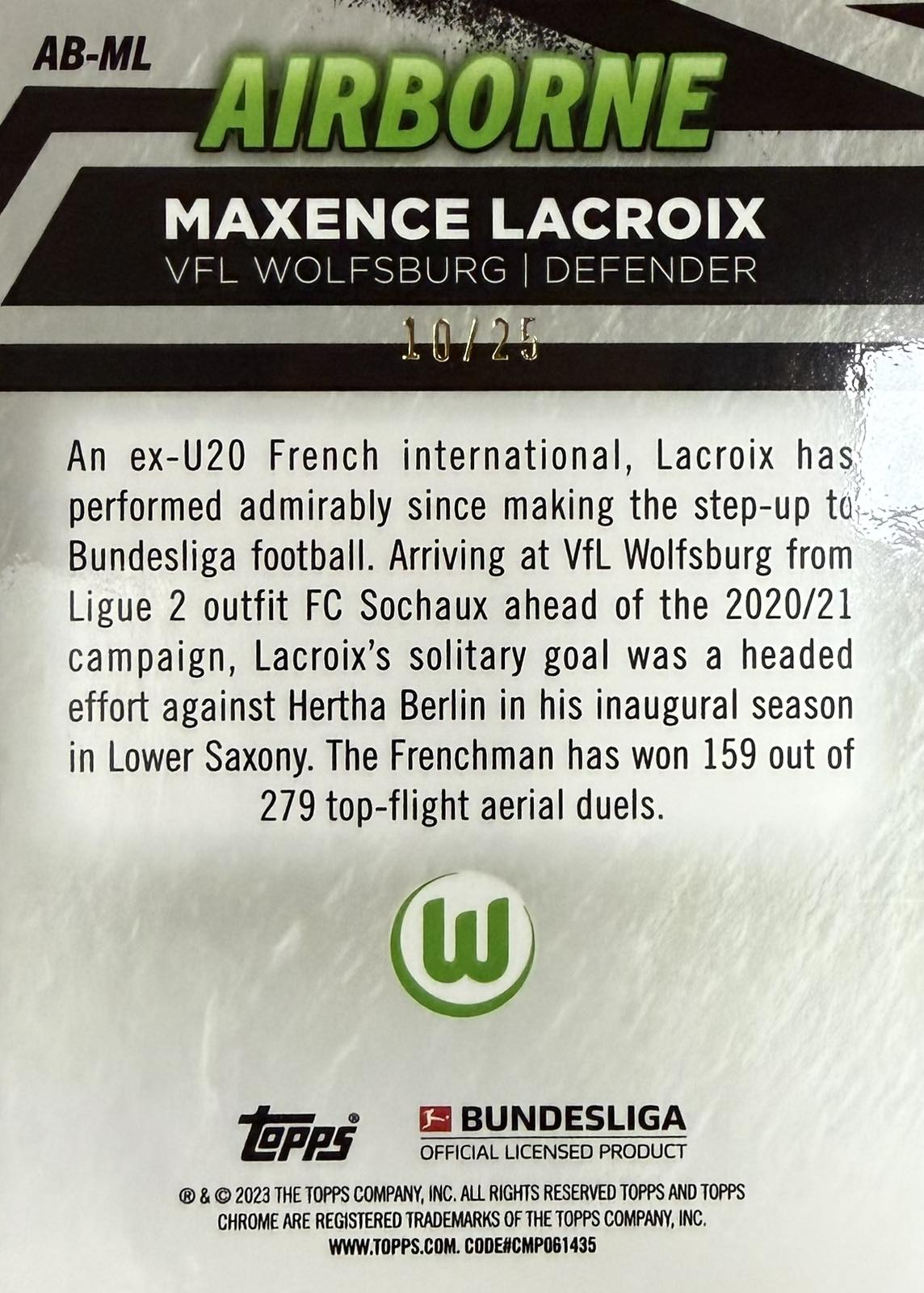 Maxence Lacroix Numbered /25 Airborne Topps Chrome Bundesliga