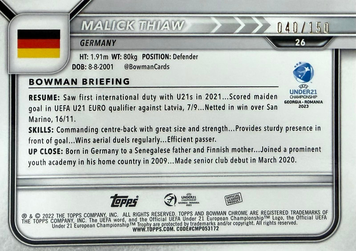 Malick Thiaw Numbered /150 Bowman Chrome