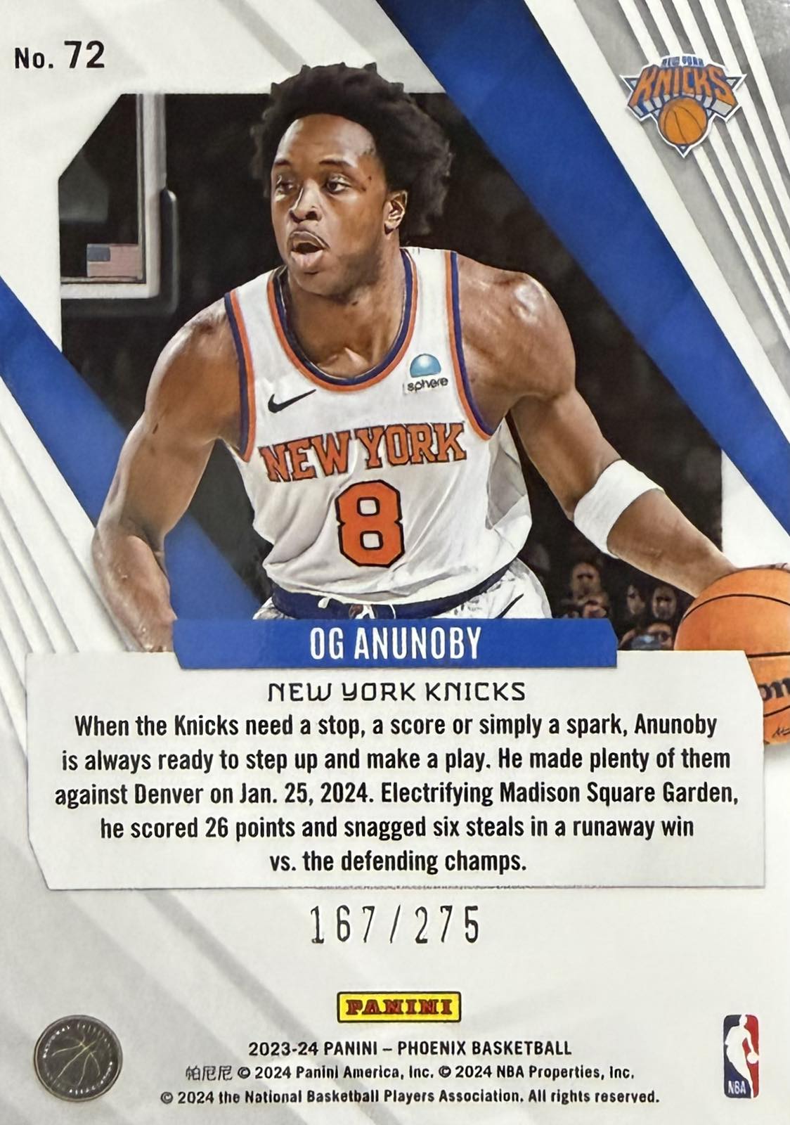 OG Anunobi Blue Laser Numbered /275 Panini Phoenix