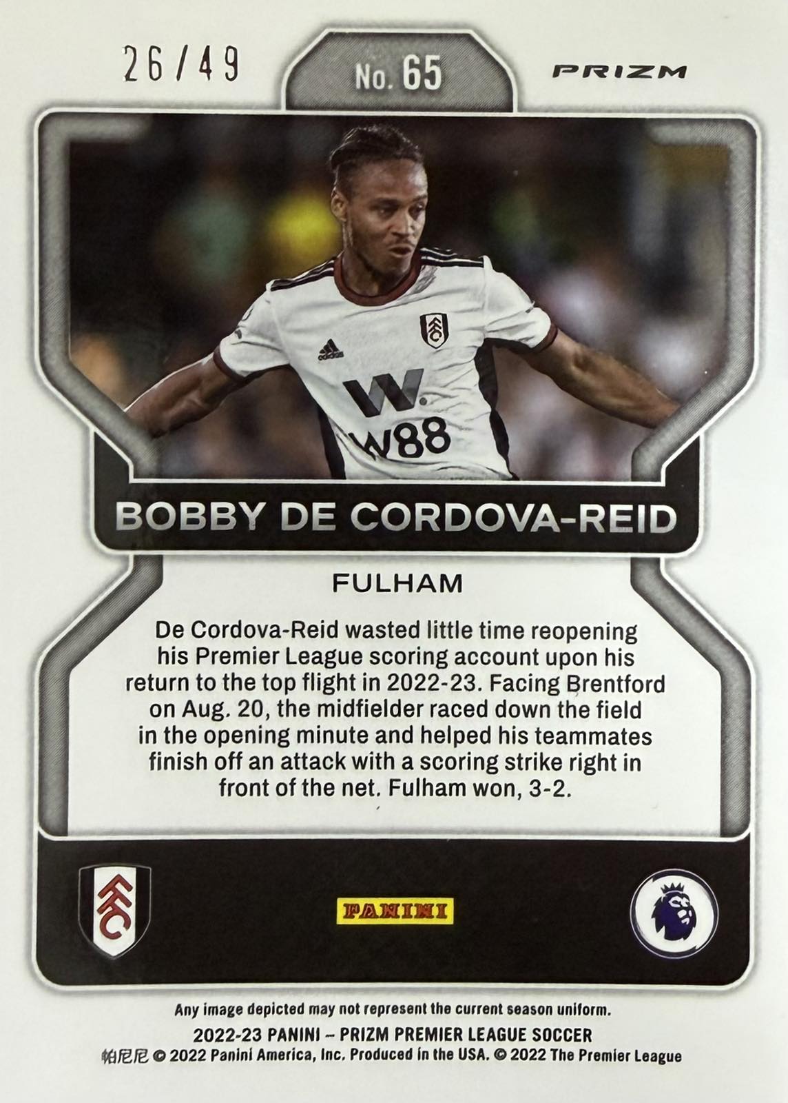 Bobby De Cordova-Reid Numbered /49 Panini Prizm EPL