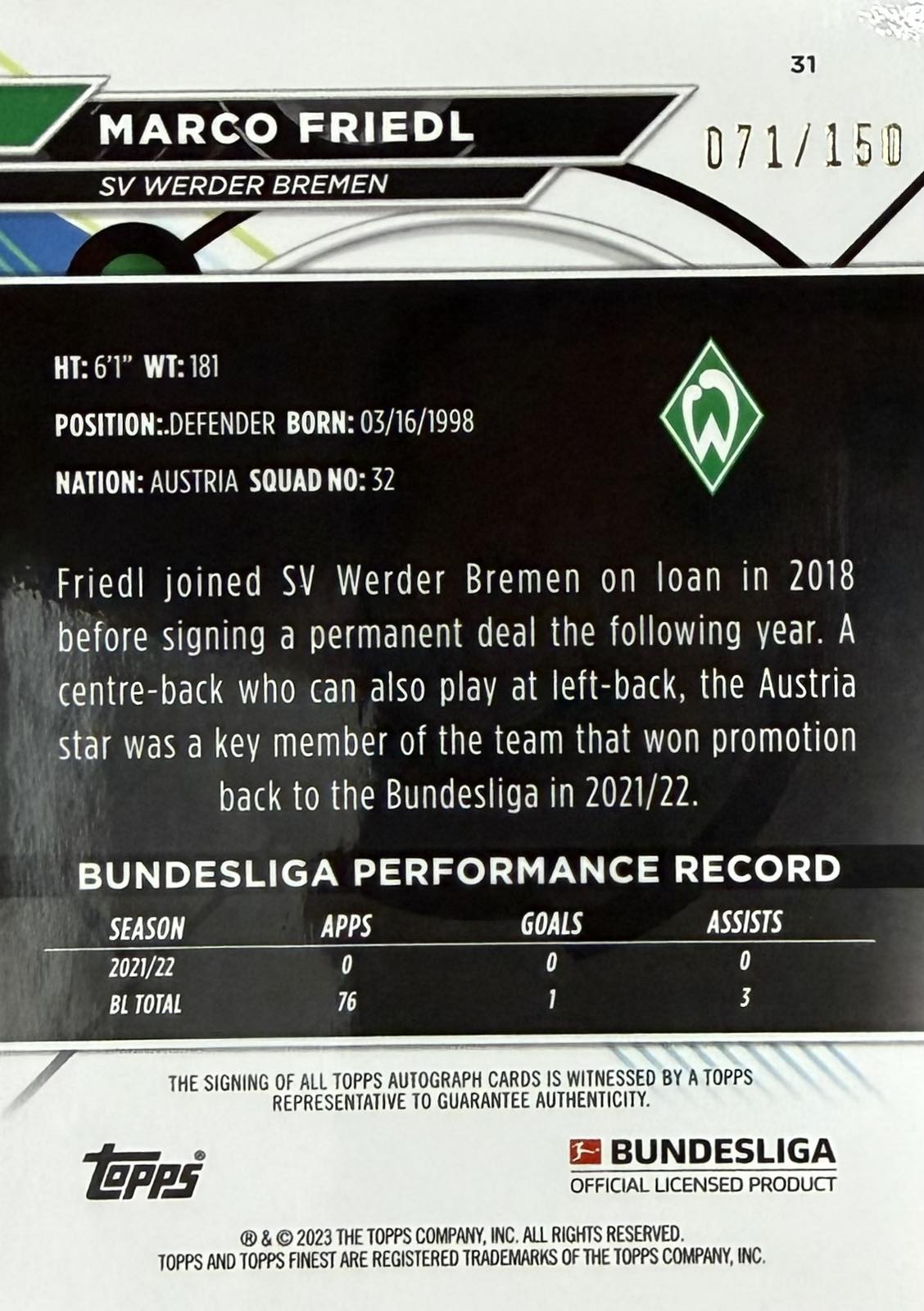 Marco Friedl Autograph Numbered /150 Topps Finest
