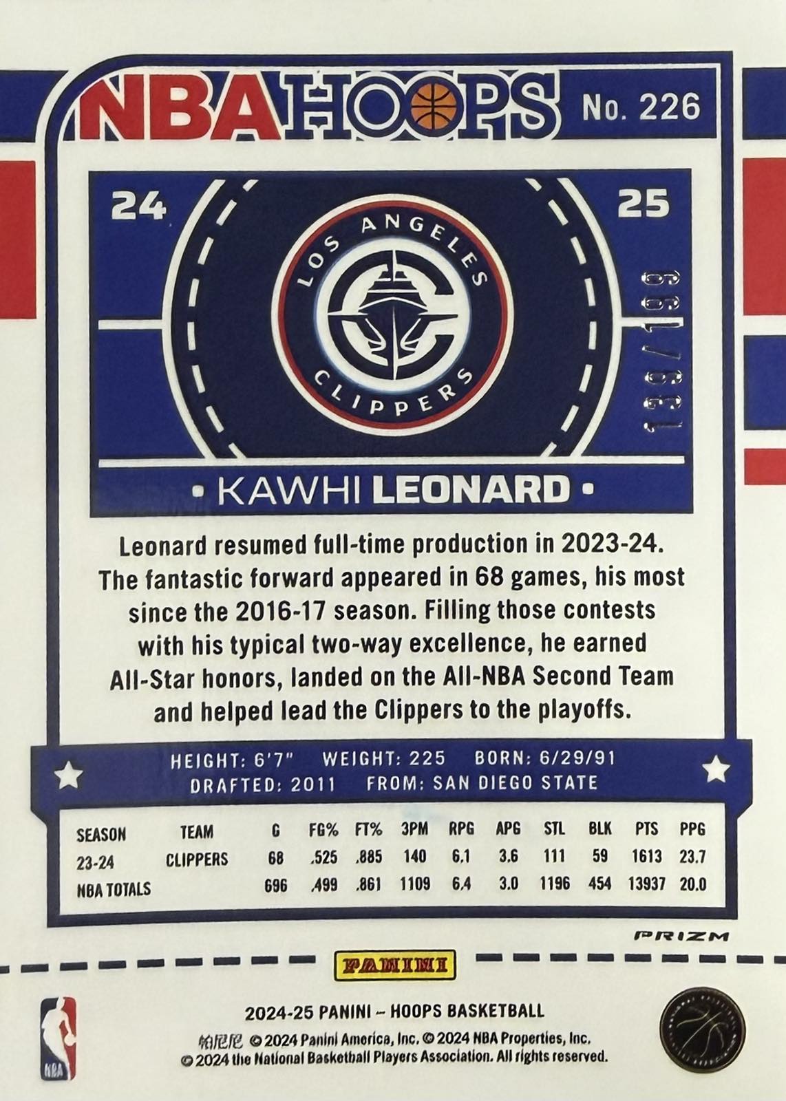 Kawhi Leonard Numbered /199 Panini NBA Hoops