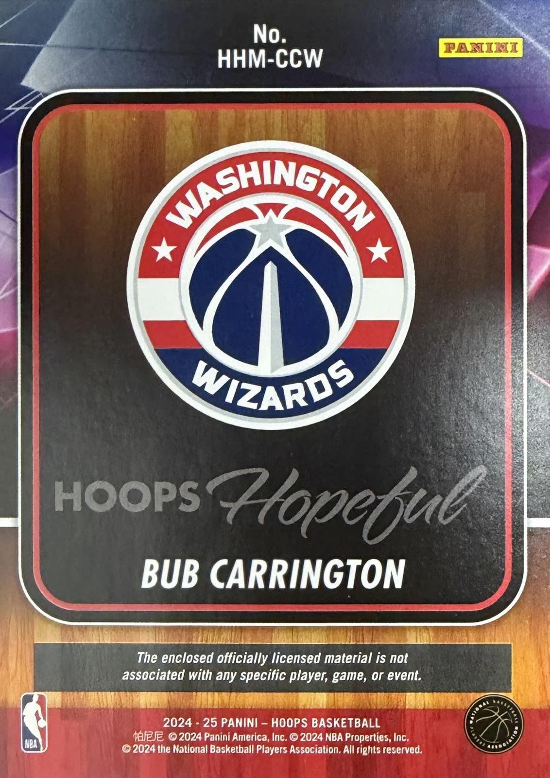 Bub Carrington Rookie Patch Panini NBA Hoops