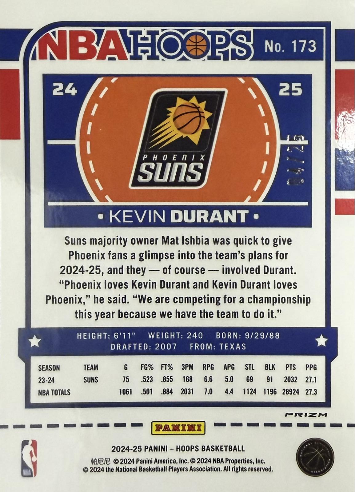 Kevin Durant Numbered /25 Panini NBA Hoops