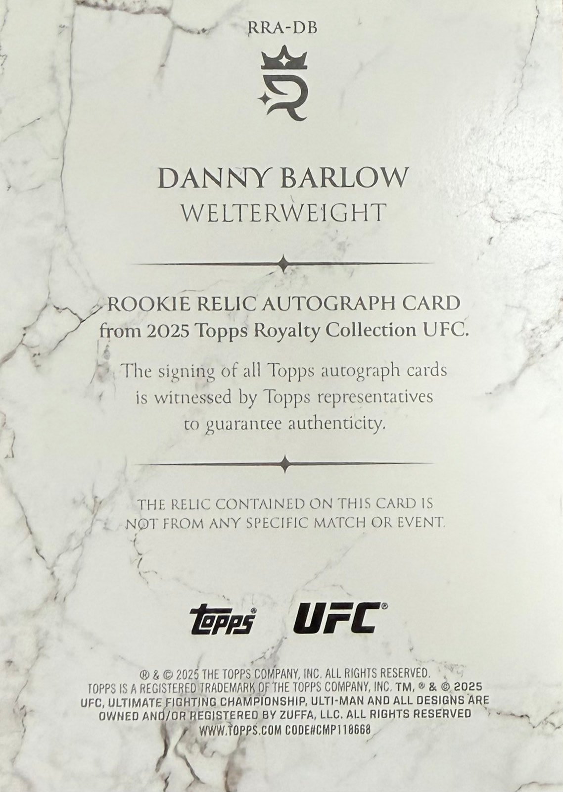 Danny Barlow On-Card Autograph Fighter-Worn Patch Rookie Numbered /99 Topps Royalty
