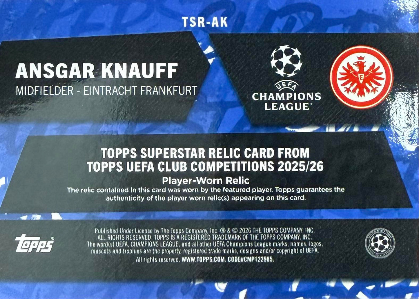 Ansgar Knauff Player-Worn Patch Numbered /250 Topps Flagship