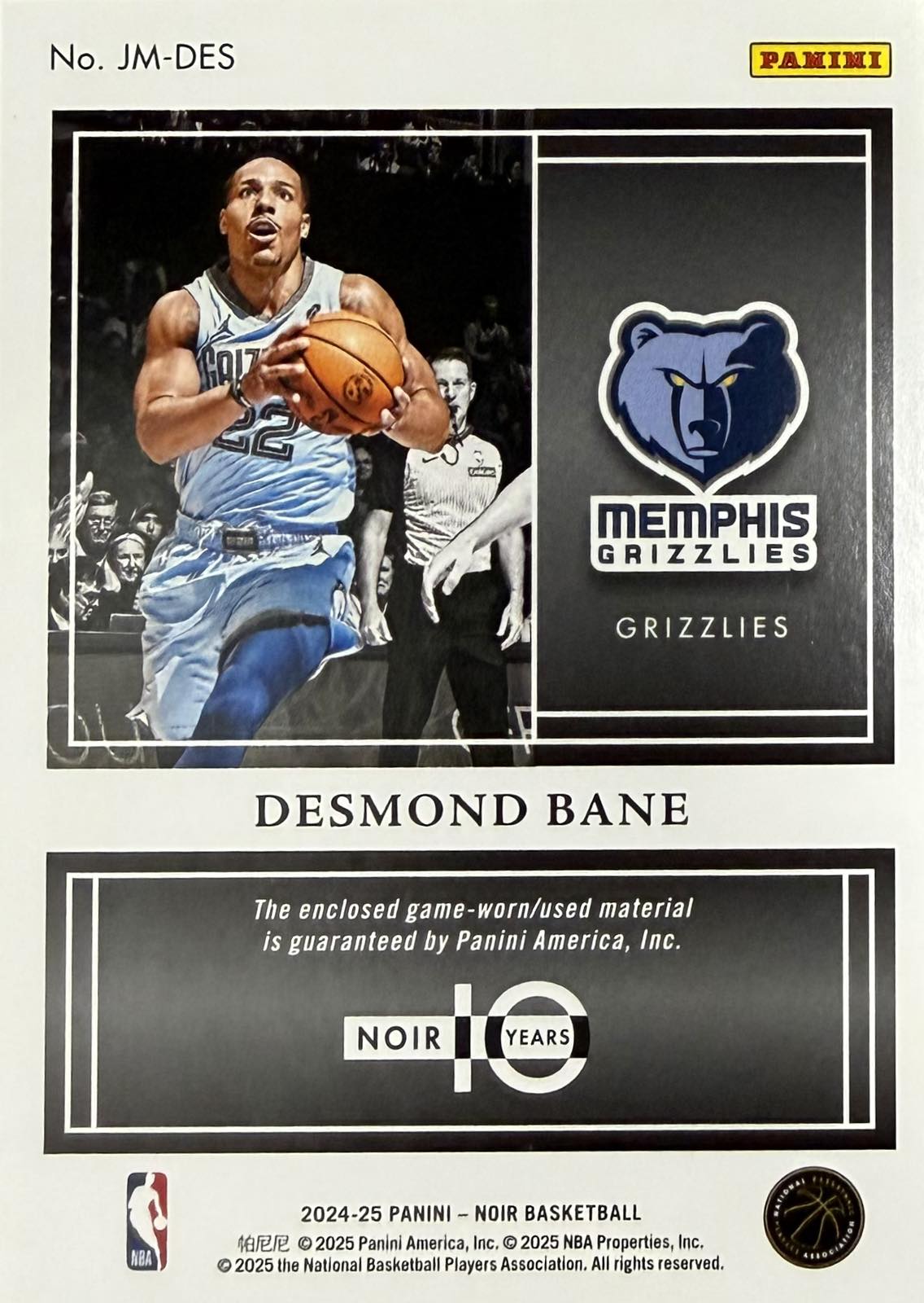 Desmond Bane Game-Worn Patch Numbered /99 Panini Noir