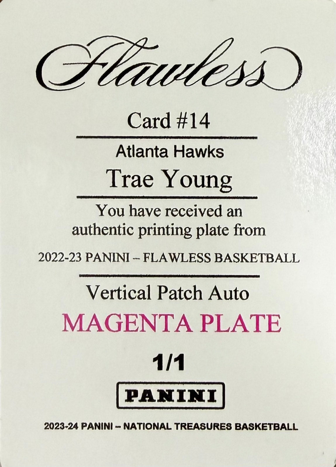 Trae Young Magenta Printing Plate 1/1 One of One Panini Flawless