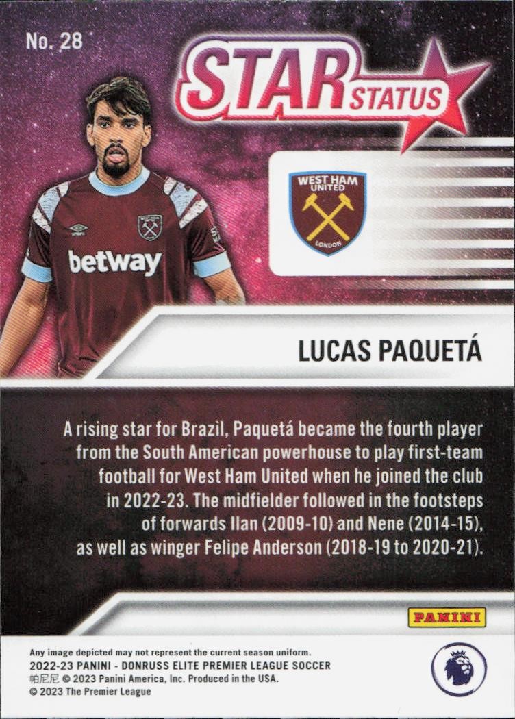 Lucas Paqueta Donruss Elite Premier League - Star Status West Ham United 28 2022-23 (Back)