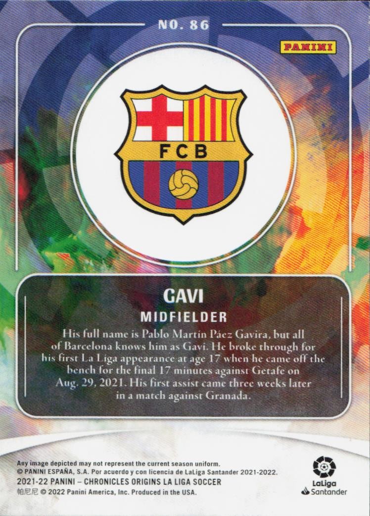 Gavi Rookie Panini Chronicles - Origins La Liga FC Barcelona 86 2021-22 (Back)