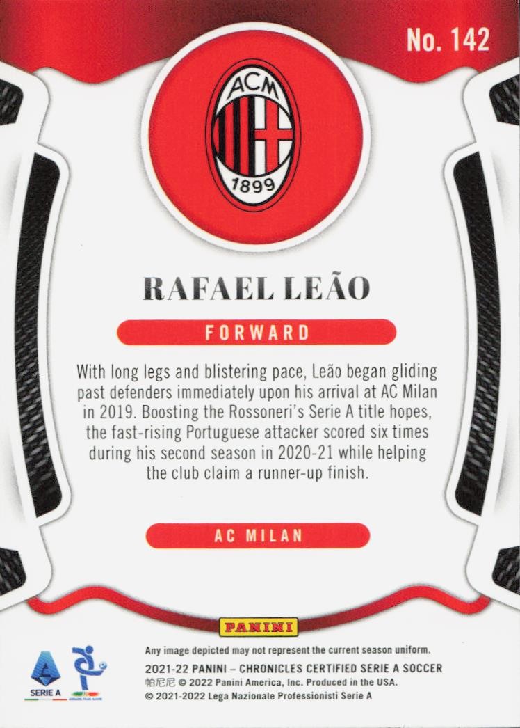 Rafael Leao Panini Chronicles - Certified Serie A A.C. Milan 142 2021-22 (Back)
