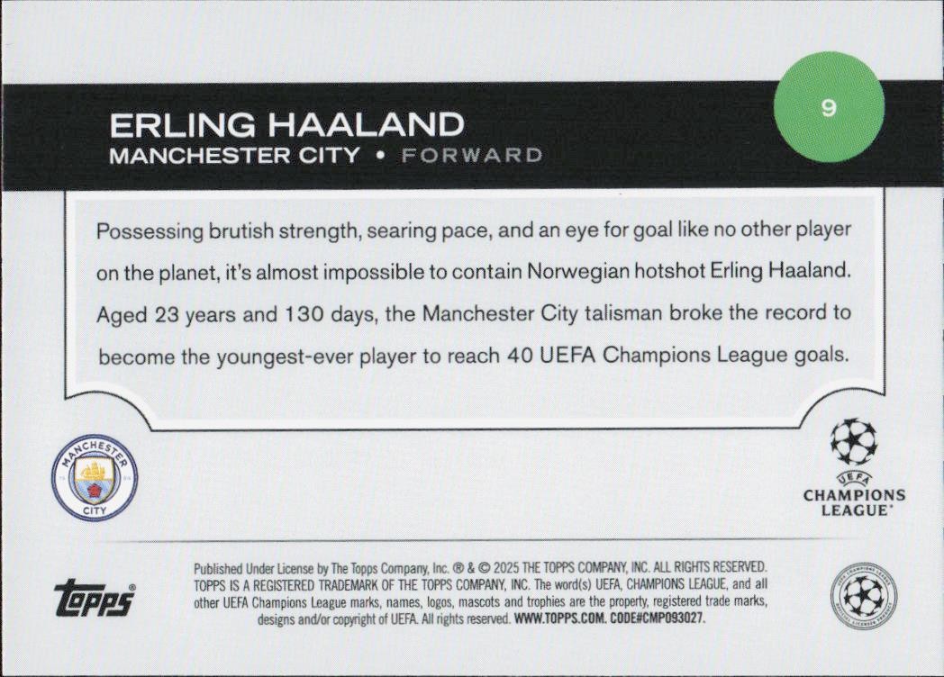 Erling HaalandTopps UEFA Club Competitions Manchester City 9 2024-25 (Back)