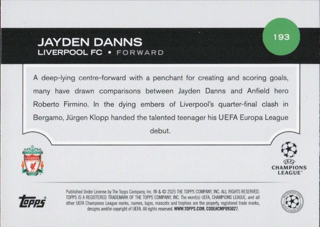 Jayden DannsTopps UEFA Club Competitions Liverpool 193 2024-25 (Back)
