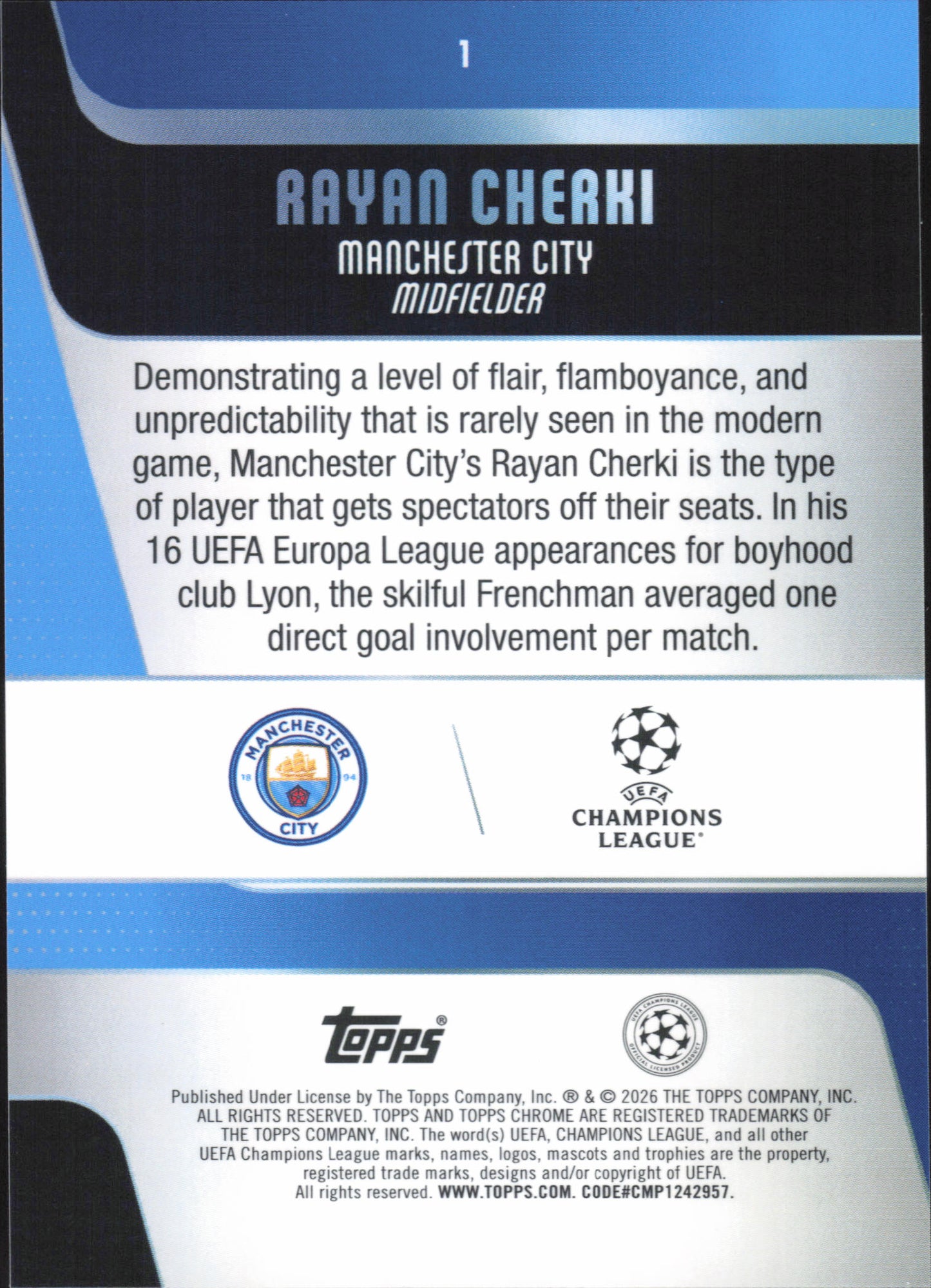 Rayan Cherki Numbered /299 Topps Chrome UCC