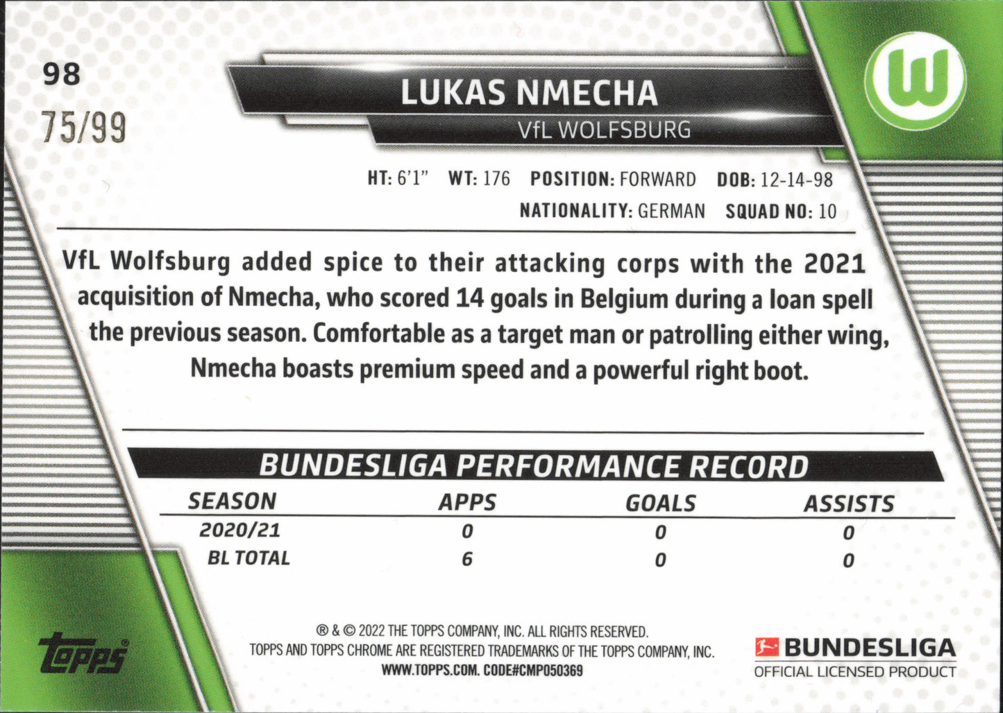 Lukas Nmecha Numbered /99 Topps Chrome Bundesliga