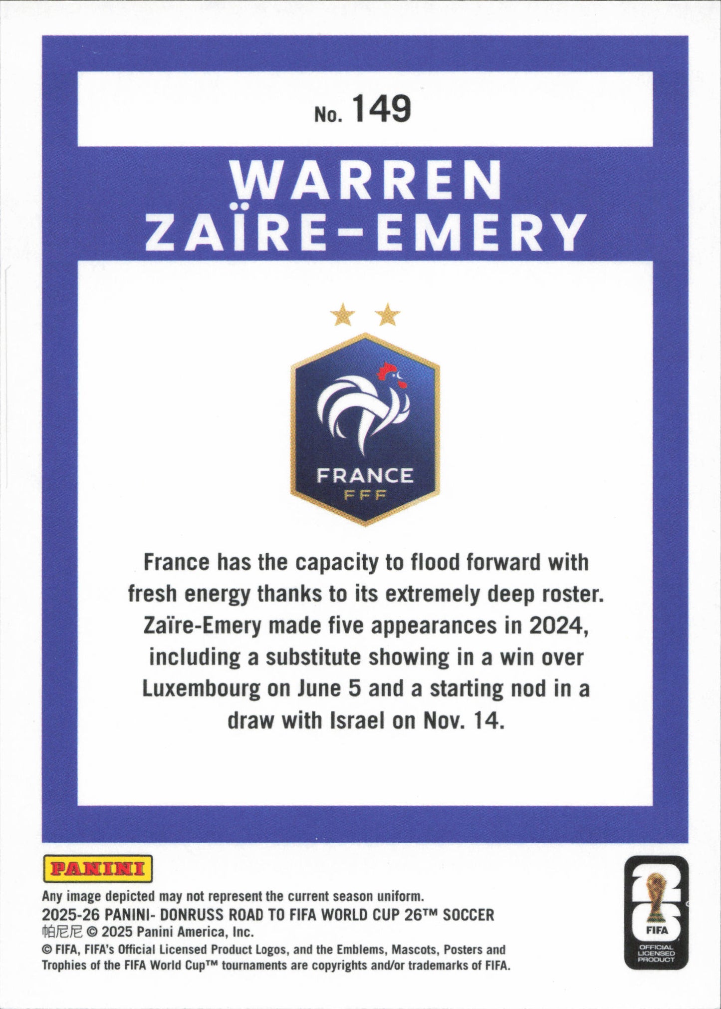 Warren Zaire-Emery Numbered /205 Panini Donruss World Cup