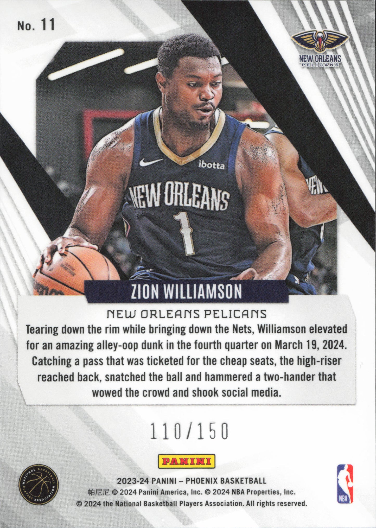 Zion Williamson Numbered /150 Panini Phoenix