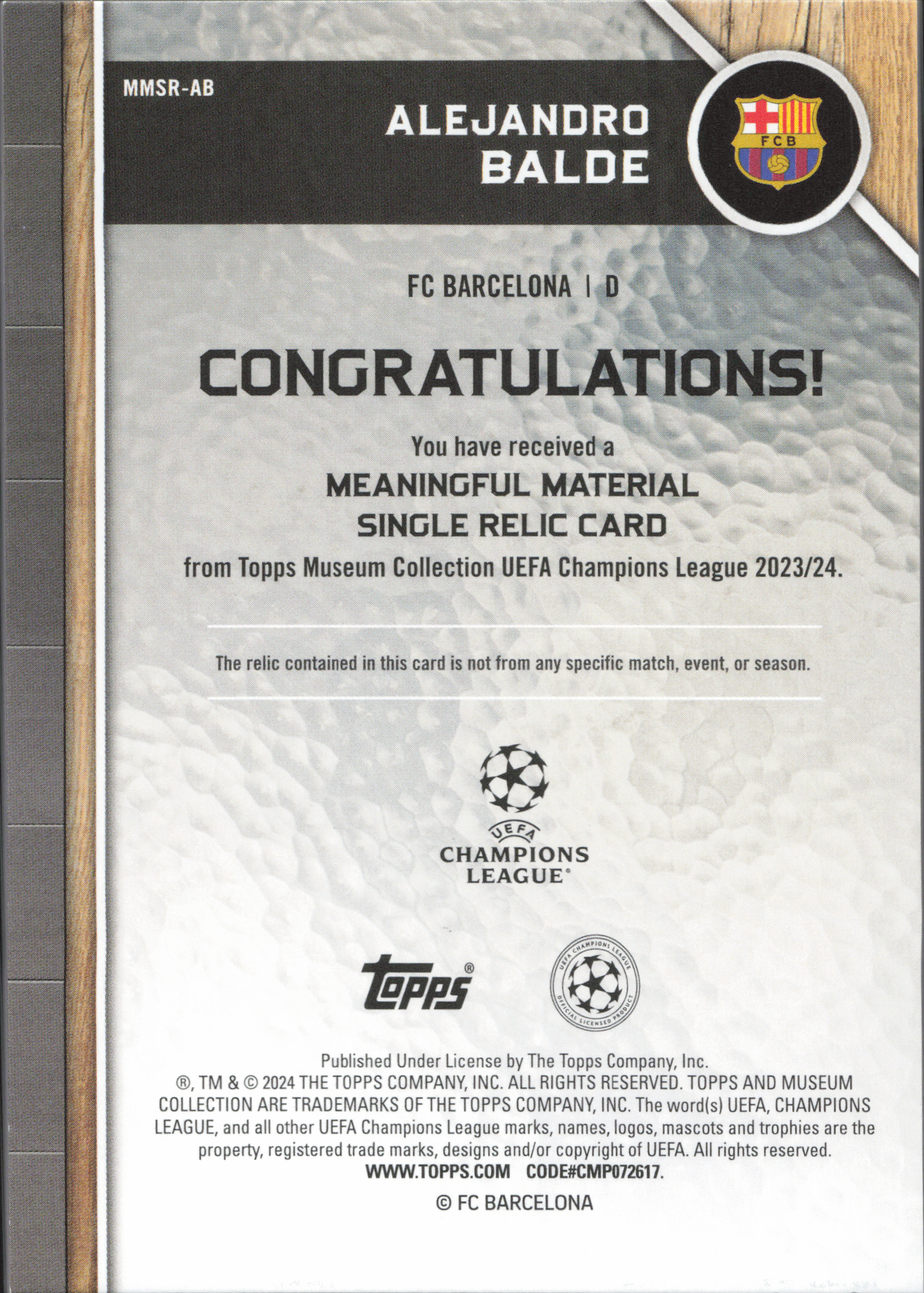 Alejandro Balde Player-Worn Patch Numbered /199 Topps Museum