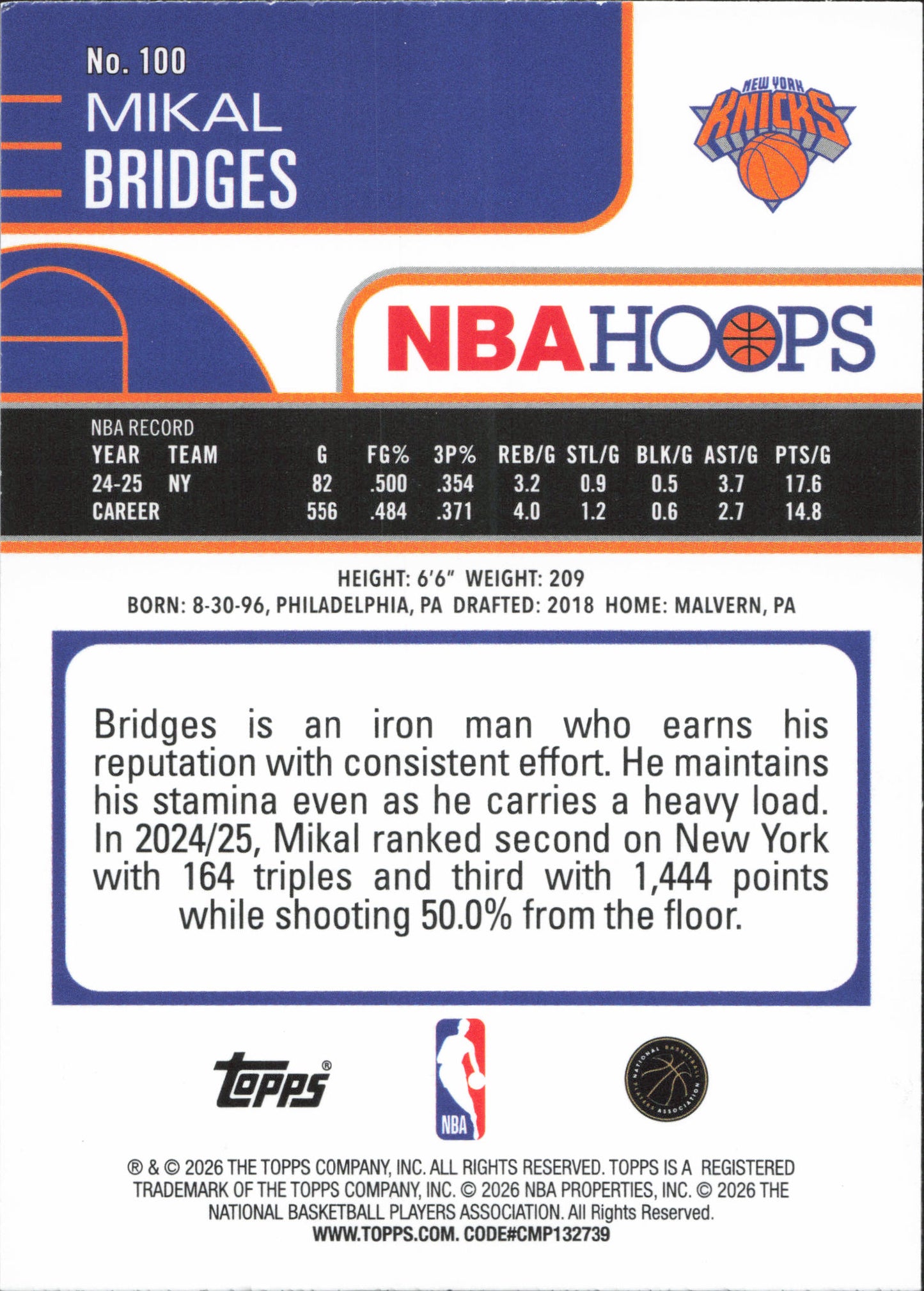 Mikal Bridges Numbered /249 Topps NBA Hoops